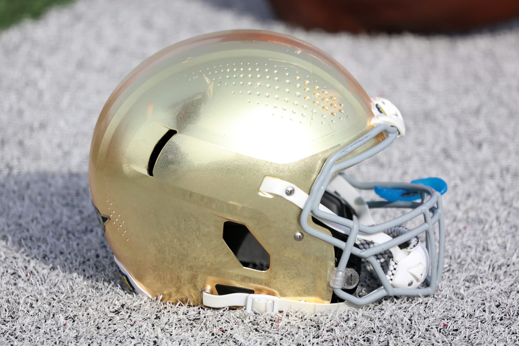 MOBILE, AL - FEBRUARY 01: A general view of a Notre Dame Fighting Irish helmet during the National team practice for the Reese's Senior Bowl on February 1, 2024 at Hancock Whitney Stadium in Mobile, Alabama.  (Photo by Michael Wade/Icon Sportswire via Getty Images)