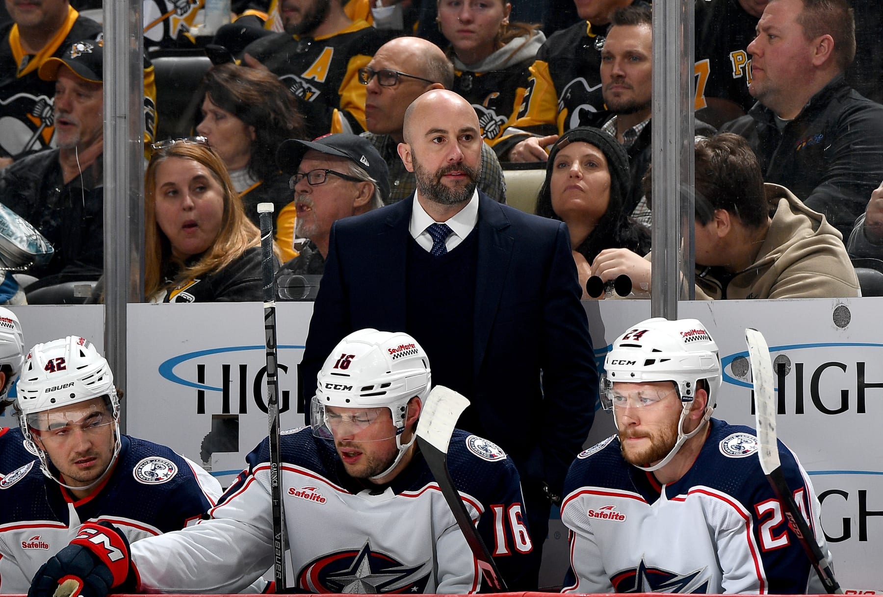 PITTSBURGH, PA - MARCH 28:  Pascal Vincent of the Columbus Blue Jackets looks on against the Pittsburgh Penguins at PPG PAINTS Arena on March 28, 2024 in Pittsburgh, Pennsylvania. (Photo by Joe Sargent/NHLI via Getty Images)