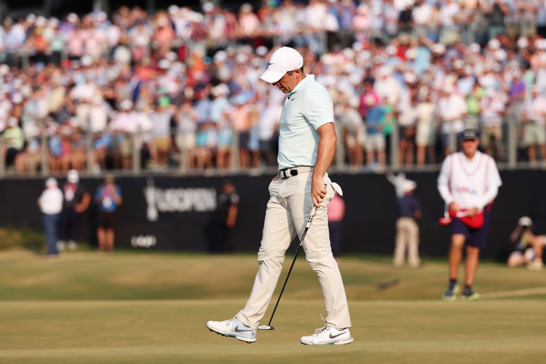 PINEHURST, NORTH CAROLINA - JUNE 16: Rory McIlroy of Northern Ireland reacts after missing a par putt on the 18th hole during the final round of the 124th U.S. Open at Pinehurst Resort on June 16, 2024 in Pinehurst, North Carolina. (Photo by Gregory Shamus/Getty Images)