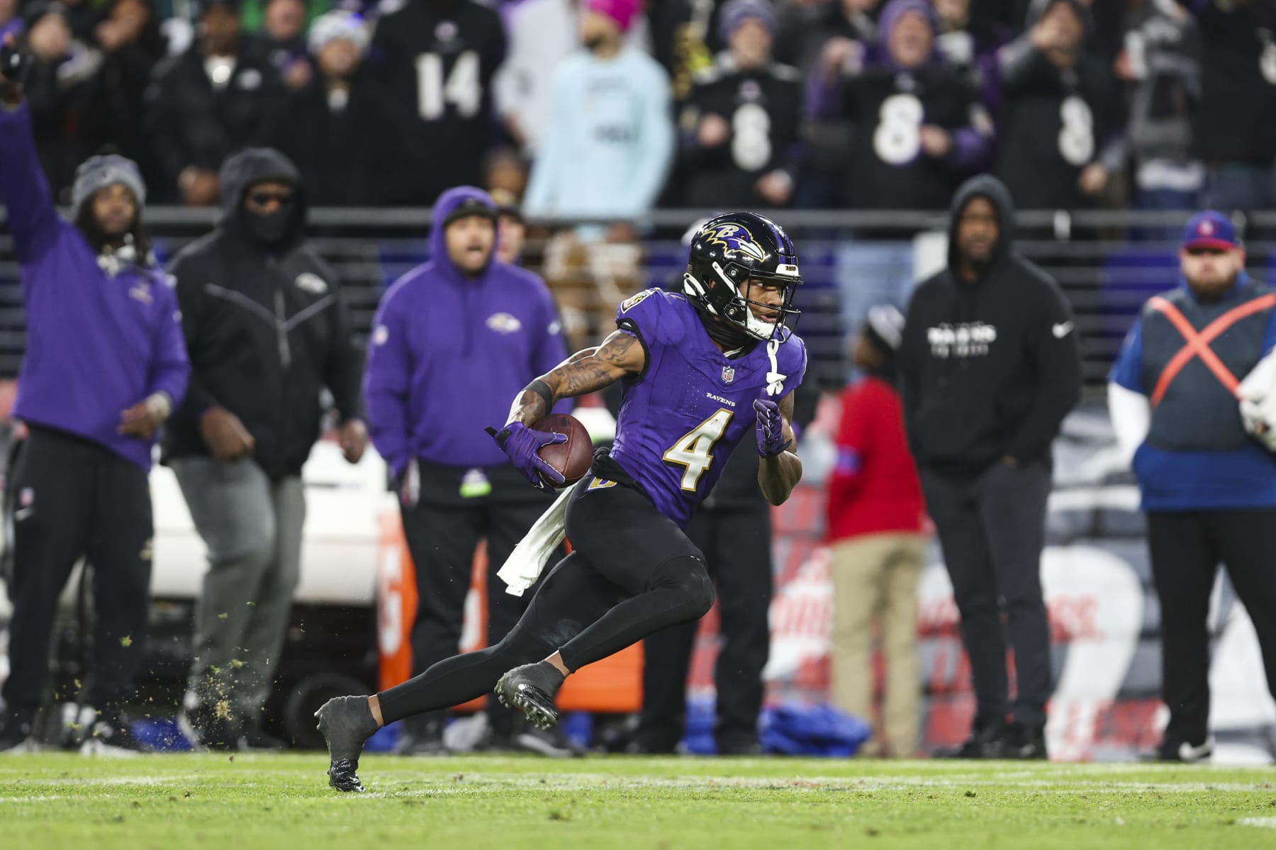 BALTIMORE, MD - JANUARY 28: Zay Flowers #4 of the Baltimore Ravens runs the ball during the AFC Championship NFL football game against the Kansas City Chiefs at M&T Bank Stadium on January 28, 2024 in Baltimore, Maryland. (Photo by Perry Knotts/Getty Images)