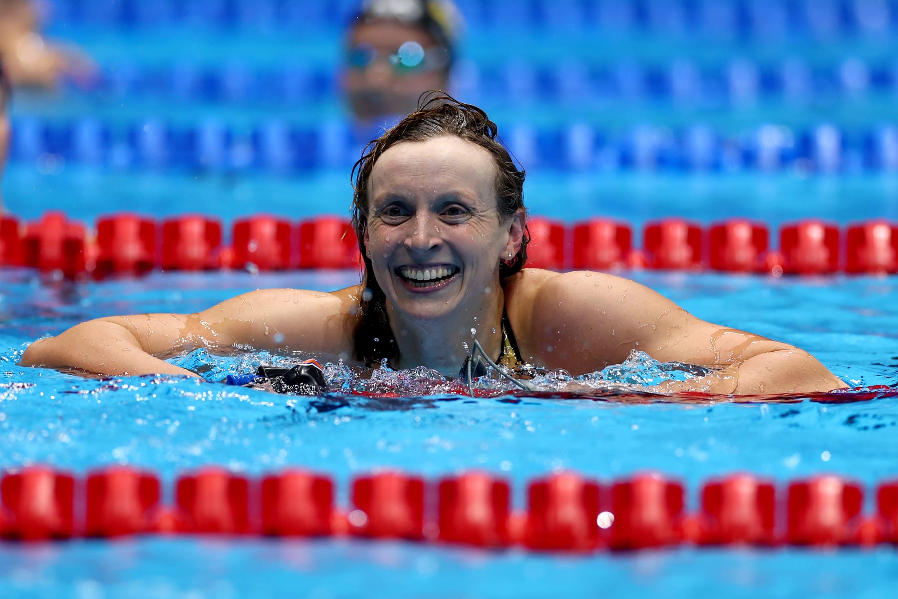 INDIANAPOLIS, INDIANA - JUNE 17: Katie Ledecky of the United States reacts after the Women's 200m freestyle final on Day Three of the 2024 U.S. Olympic Team Swimming Trials at Lucas Oil Stadium on June 17, 2024 in Indianapolis, Indiana. (Photo by Maddie Meyer/Getty Images)