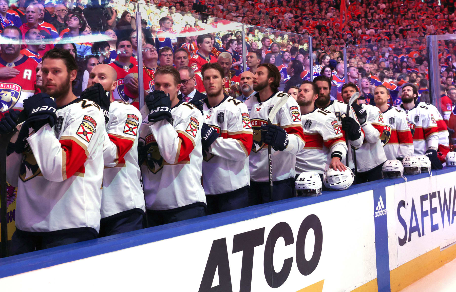 EDMONTON, ALBERTA - JUNE 15: Florida Panthers bench is seen during the national anthem before Game Four of the 2024 Stanley Cup Final between the Florida Panthers and the Edmonton Oilers at Rogers Place on June 15, 2024 in Edmonton, Alberta. (Photo by Dave Sandford/NHLI via Getty Images)