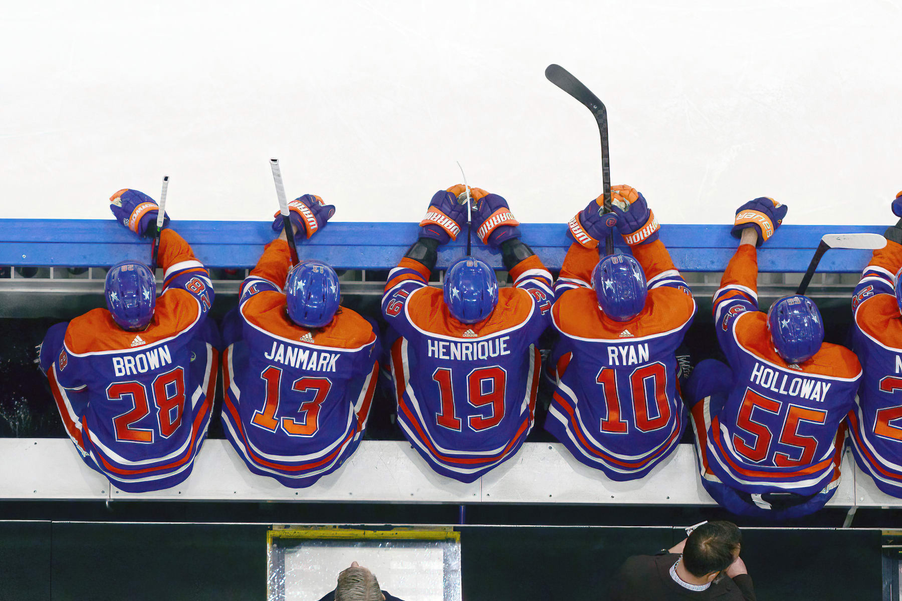 EDMONTON, CANADA - JUNE 15: Connor Brown #28, Mattias Janmark #13, Adam Henrique #19, Derek Ryan #10 and Dylan Holloway #55 of the Edmonton Oilers look on from the bench during Game Four of the 2024 Stanley Cup Final against the Florida Panthers at Rogers Place on June 15, 2024, in Edmonton, Alberta, Canada. (Photo by Andy Devlin/NHLI via Getty Images)