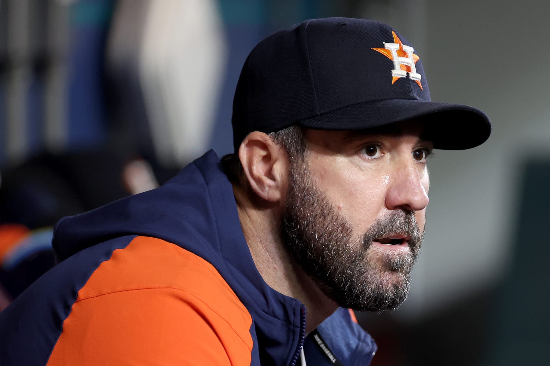 SEATTLE, WASHINGTON - MAY 29: Justin Verlander #35 of the Houston Astros looks on during the first inning against the Seattle Mariners at T-Mobile Park on May 29, 2024 in Seattle, Washington. (Photo by Steph Chambers/Getty Images)