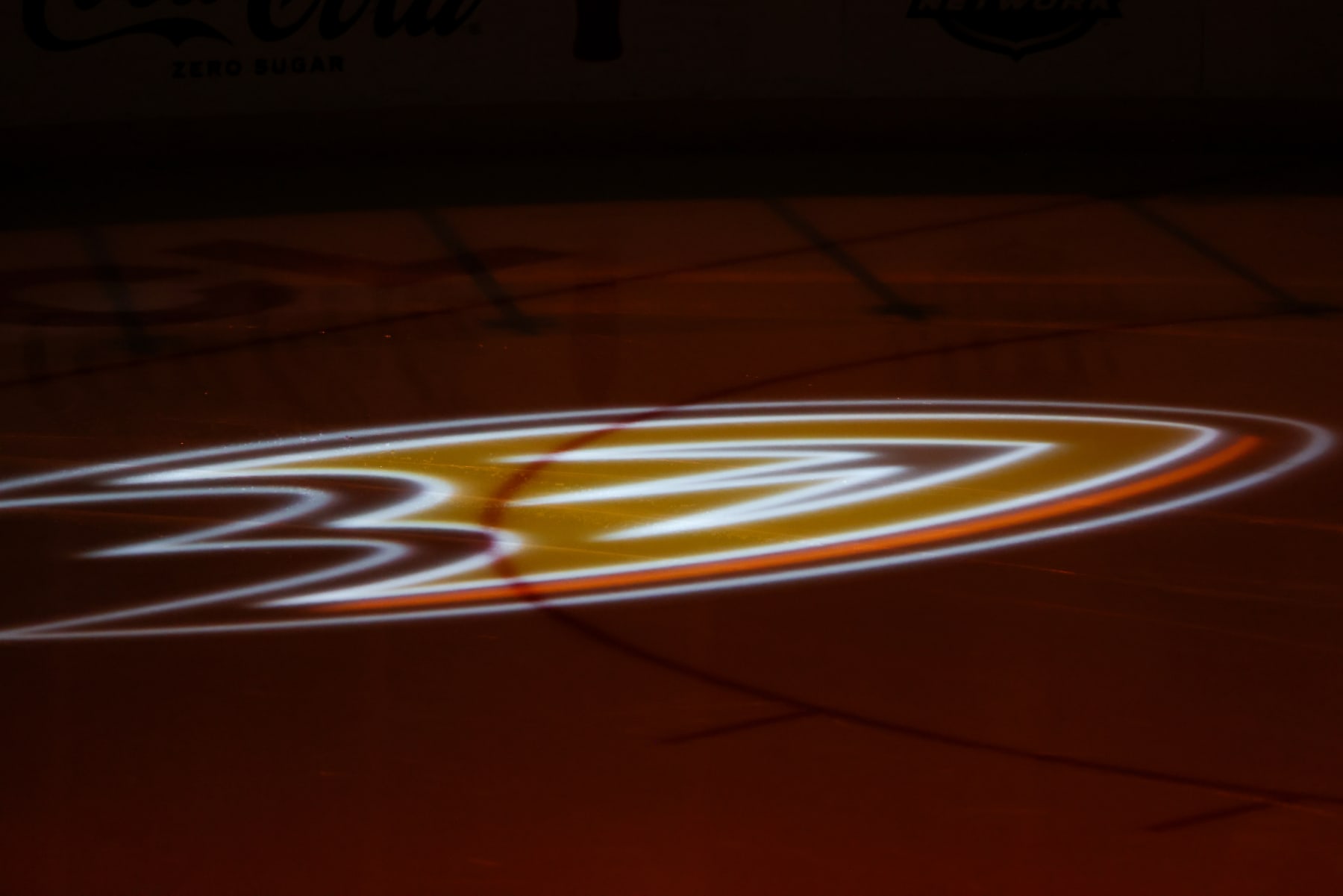 ANAHEIM, CA - APRIL 13: Anaheim Ducks logo displayed on the ice during the second period between the Los Angeles Kings and the Anaheim Ducks at Honda Center on April 13, 2023 in Anaheim, California. (Photo by Debora Robinson/NHLI via Getty Images)