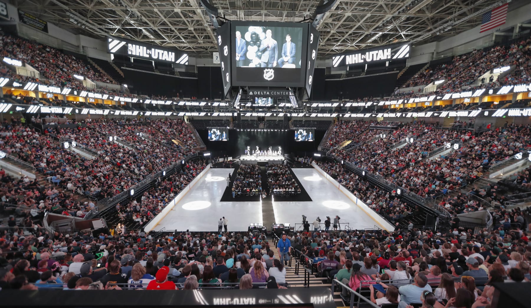 SALT LAKE CITY, UT - APRIL 24: A general view is seen as the yet to be named NHL Utah hockey team players are introduced to the fans at the sold out Delta Center on April 24, 2024 in Salt Lake City, Utah. The NHL has allowed the sale of the Arizona Coyotes and the team will relocate to Salt Lake City, Utah.(Photo by Chris Gardner/Getty Images)