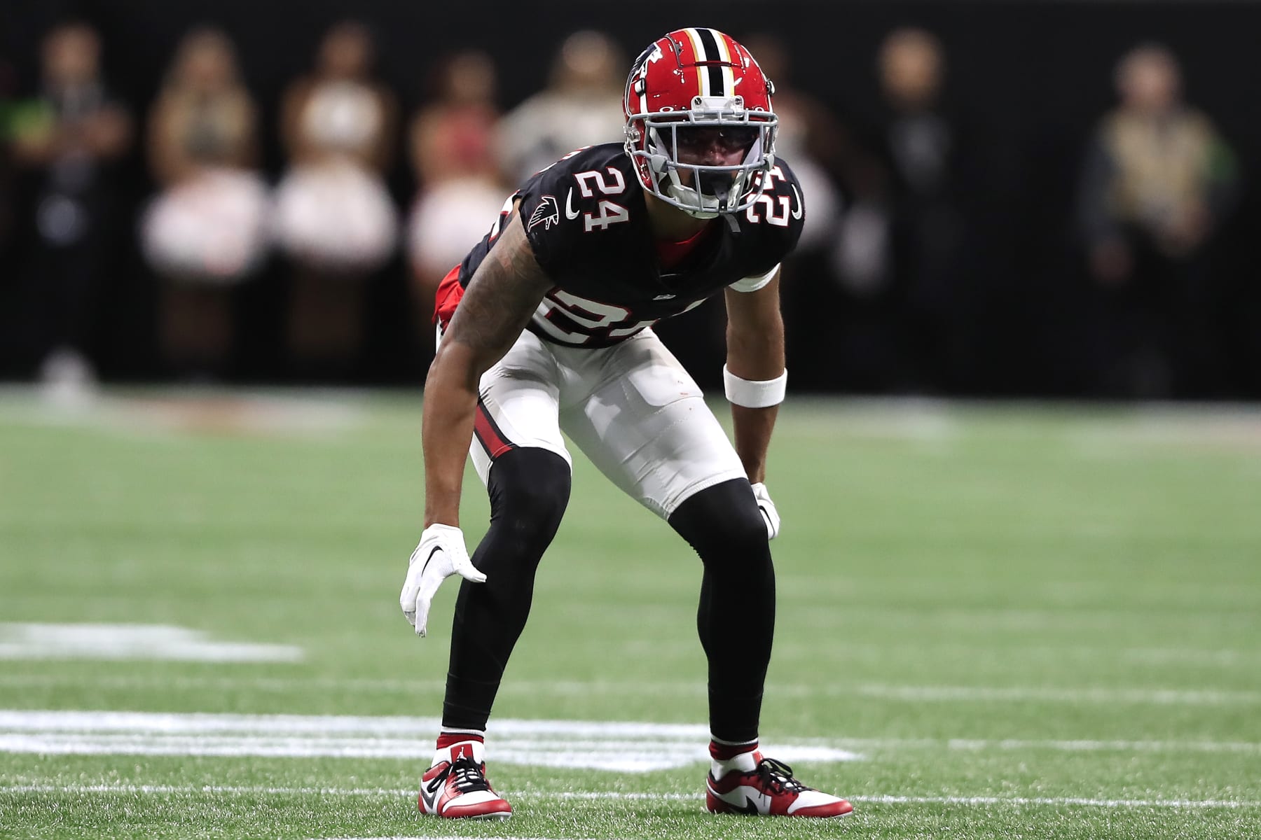 ATLANTA, GA - OCTOBER 15: Atlanta Falcons cornerback A.J. Terrell (24) during the week 6 NFL game between the Atlanta Falcons and the Washington Commanders on October 15, 2023 at Mercedes-Benz Stadium in Atlanta, Georgia. (Photo by David J. Griffin/Icon Sportswire via Getty Images)