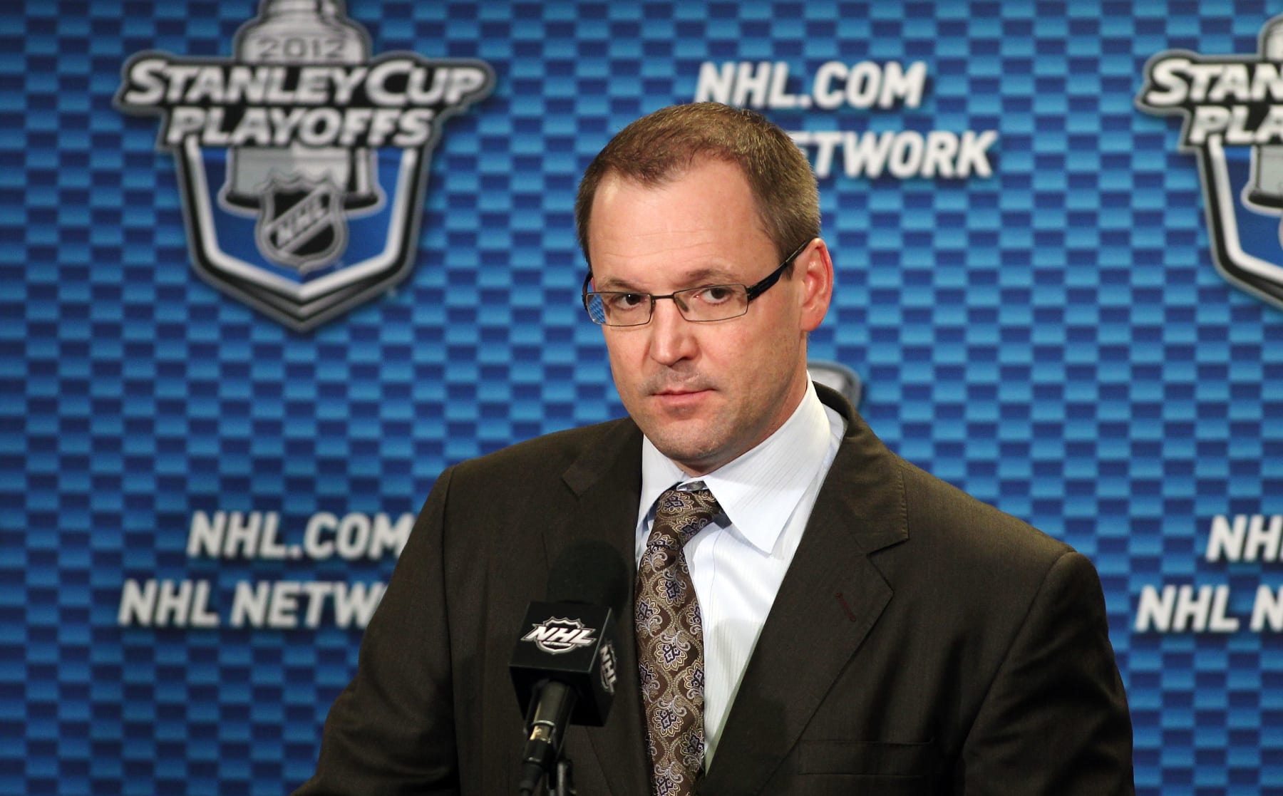 PHILADELPHIA, PA - APRIL 15: Head Coach of the Pittsburgh Penguins Dan Bylsma speaks to the media after being defeated 8-4 by the Philadelphia Flyers in Game Three of the Eastern Conference Quarterfinals during the 2012 NHL Stanley Cup Playoffs on April 15, 2012 at the Wells Fargo Center in Philadelphia, Pennsylvania. (Photo by Len Redkoles/NHLI via Getty Images)