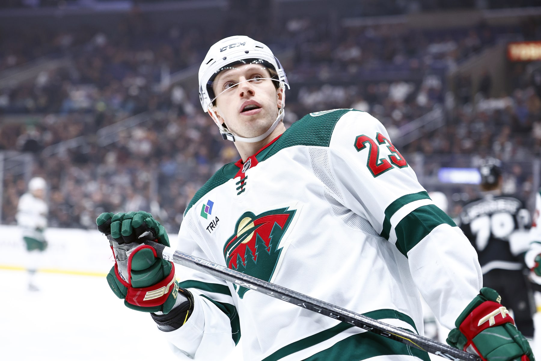 LOS ANGELES, CALIFORNIA - APRIL 15: Marco Rossi #23 of the Minnesota Wild in the first period at Crypto.com Arena on April 15, 2024 in Los Angeles, California. (Photo by Ronald Martinez/Getty Images)