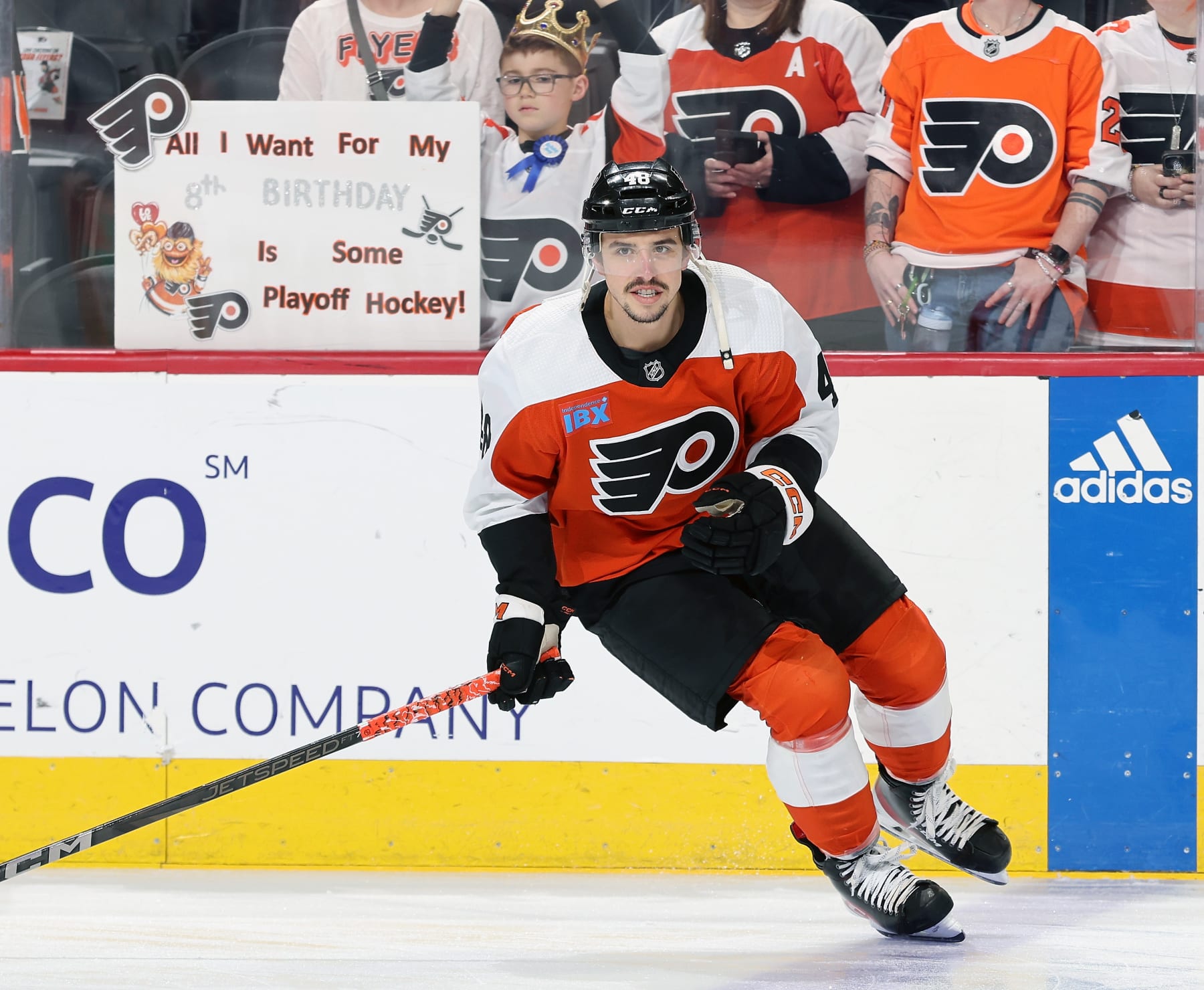PHILADELPHIA, PENNSYLVANIA - APRIL 16: Morgan Frost #48 of the Philadelphia Flyers skates during warm-ups prior to his game against the Washington Capitals at the Wells Fargo Center on April 16, 2024 in Philadelphia, Pennsylvania. (Photo by Len Redkoles/NHLI via Getty Images)