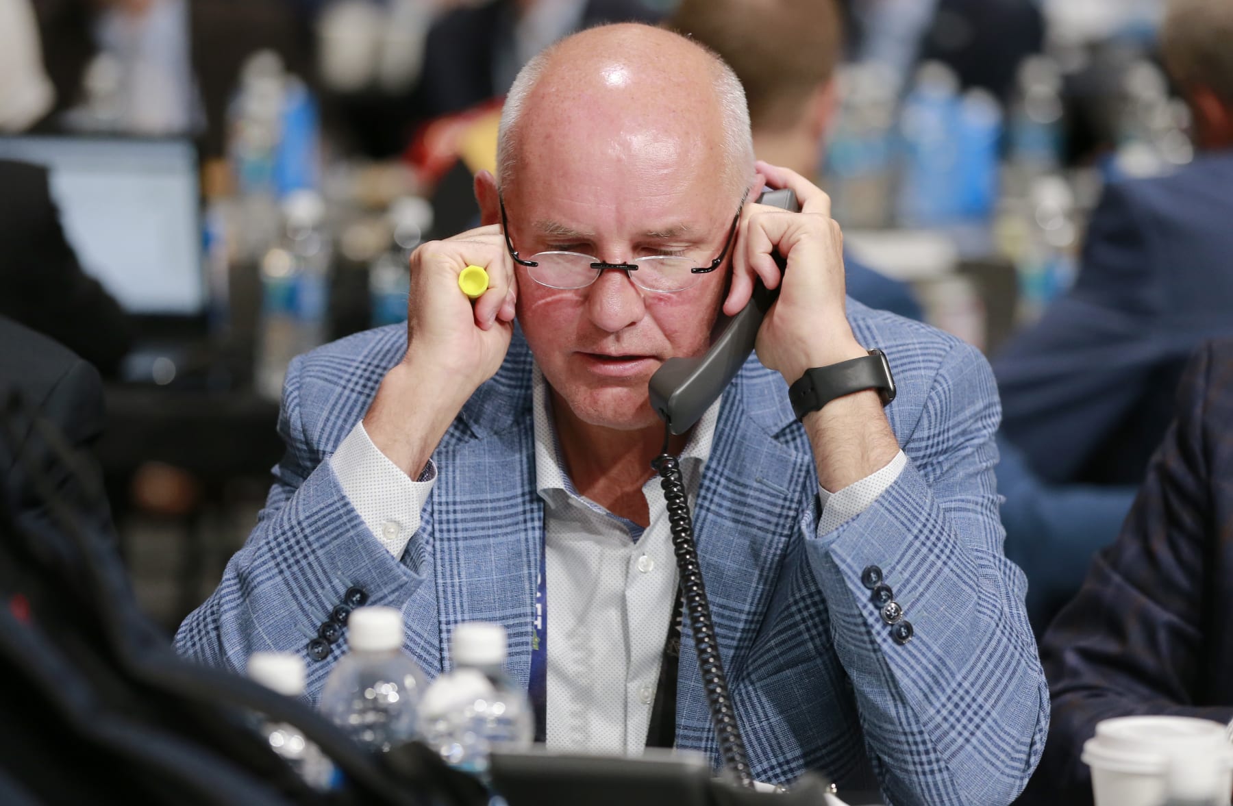 NASHVILLE, TENNESSEE - JUNE 29: General manager Doug Armstrong of the St. Louis Blues talks on his phone during the 2023 Upper Deck NHL Draft - Rounds 2-7 at Bridgestone Arena on June 29, 2023 in Nashville, Tennessee. (Photo by Jeff Vinnick/NHLI via Getty Images)
