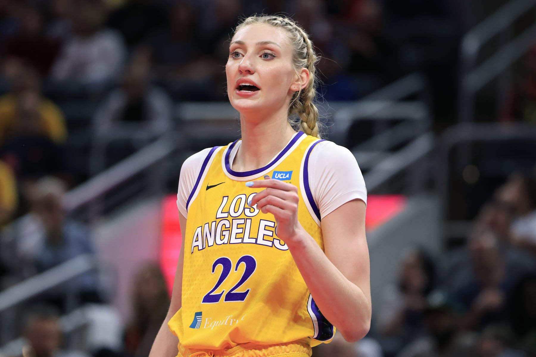 INDIANAPOLIS, INDIANA - MAY 28: Cameron Brink #22 of the Los Angeles Sparks reacts in the game wain  at Gainbridge Fieldhouse on May 28, 2024 in Indianapolis, Indiana. (Photo by Justin Casterline/Getty Images)