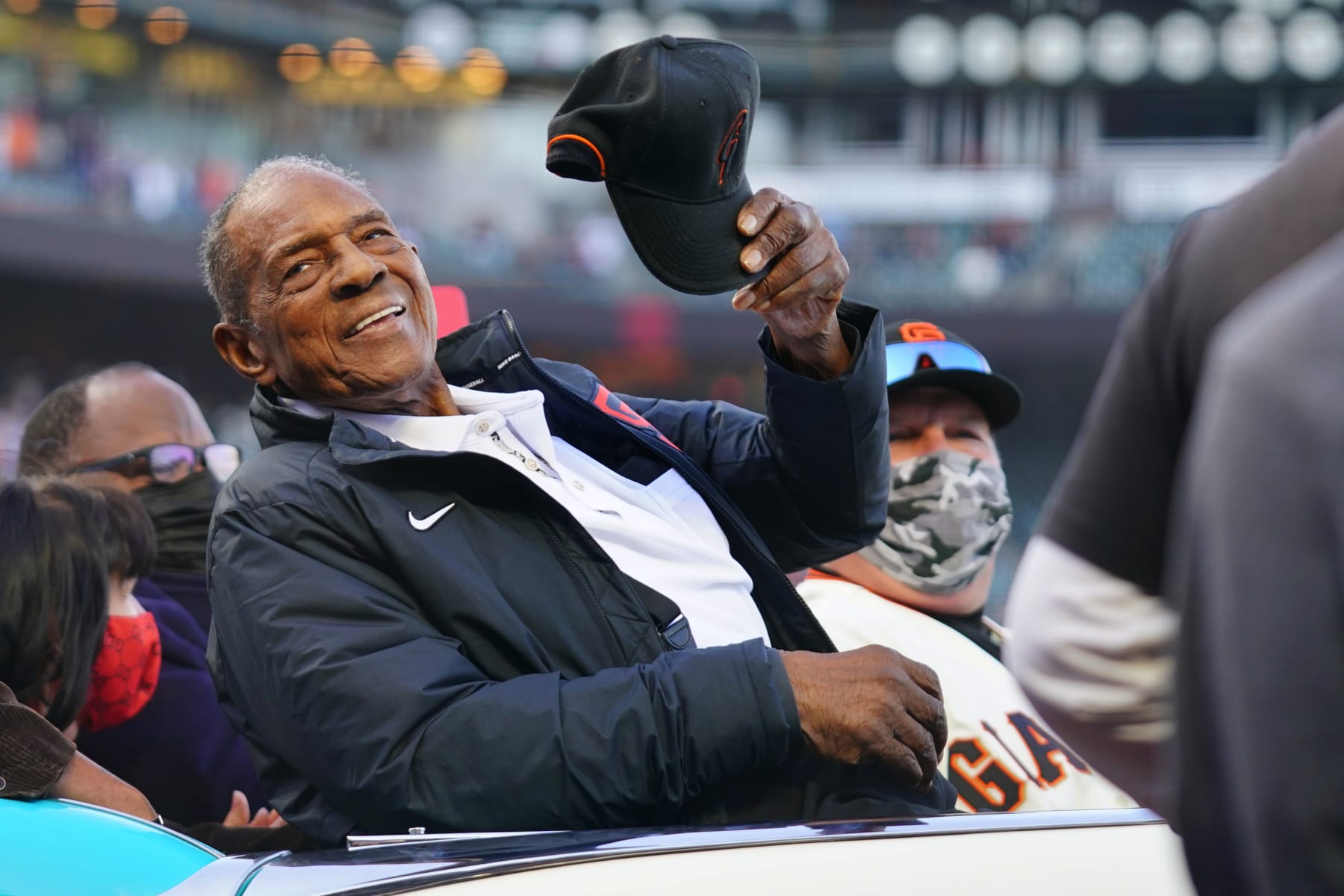 SAN FRANCISCO, CA - MAY 07: Hall of Famer Willie Mays waves to the crowd during the pre-game celebration in honor of his 90th birthday prior to the game between the San Diego Padres and the San Francisco Giants at Oracle Park on Friday, May 7, 2021 in San Francisco, California. (Photo by Daniel Shirey/MLB Photos via Getty Images)