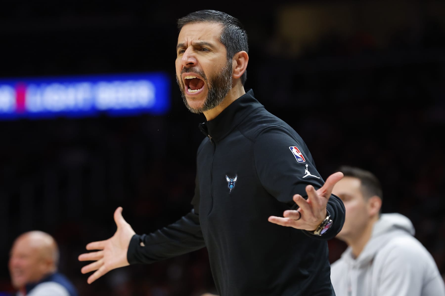 ATLANTA, GA - APRIL 13: Head Coach James Borrego of the Charlotte Hornets reacts during the second half against the Atlanta Hawks at State Farm Arena on April 13, 2022 in Atlanta, Georgia. NOTE TO USER: User expressly acknowledges and agrees that, by downloading and or using this photograph, User is consenting to the terms and conditions of the Getty Images License Agreement. (Photo by Todd Kirkland/Getty Images)