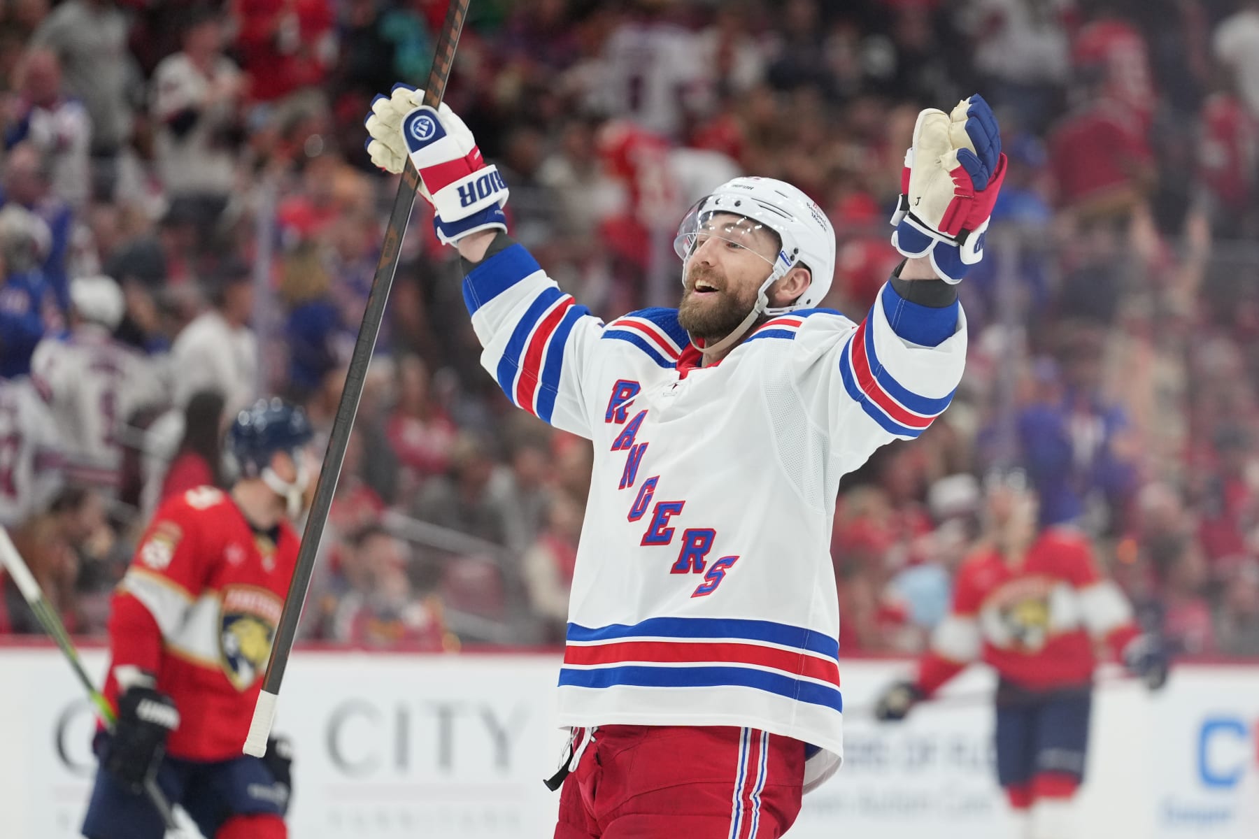 SUNRISE, FL - MAY 26: New York Rangers center Barclay Goodrow (21) celebrates an overtime goal during game three of the Eastern Conference Finals between the New York Rangers and the Florida Panthers on Sunday, May 26, 2025 at Amerant Bank Arena in Sunrise, Fla. (Photo by Peter Joneleit/Icon Sportswire via Getty Images)
