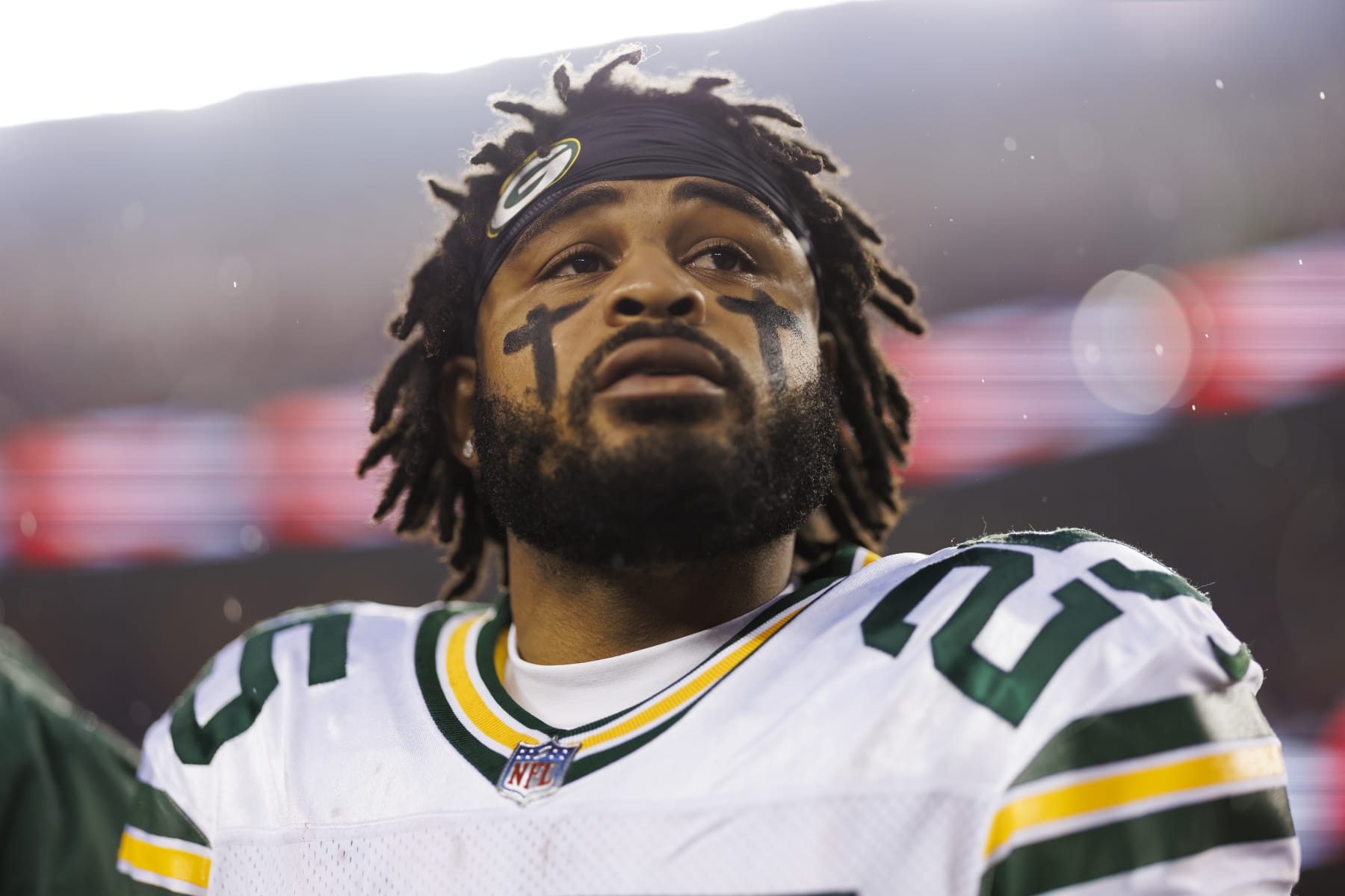 SANTA CLARA, CALIFORNIA - JANUARY 20: Keisean Nixon #25 of the Green Bay Packers looks on from the sideline before an NFC divisional round playoff football game against the San Francisco 49ers at Levi's Stadium on January 20, 2024 in Santa Clara, California. (Photo by Ryan Kang/Getty Images)