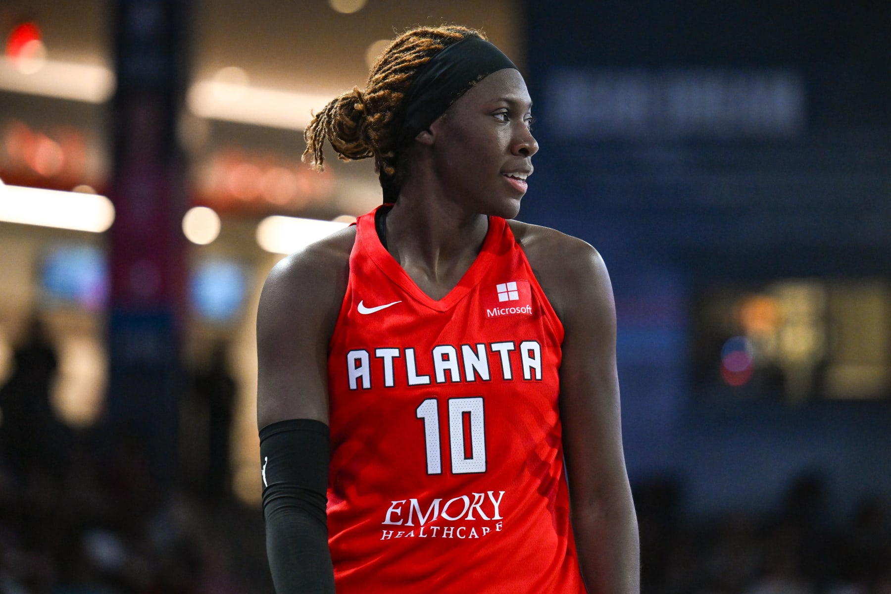 COLLEGE PARK, GA JUNE 11: Atlanta guard Rhyne Howard (10) reacts during the WNBA game between the Washington Mystics and the Atlanta Dream on June 11th, 2024 at Gateway Center Arena in College Park, GA. (Photo by Rich von Biberstein/Icon Sportswire via Getty Images)