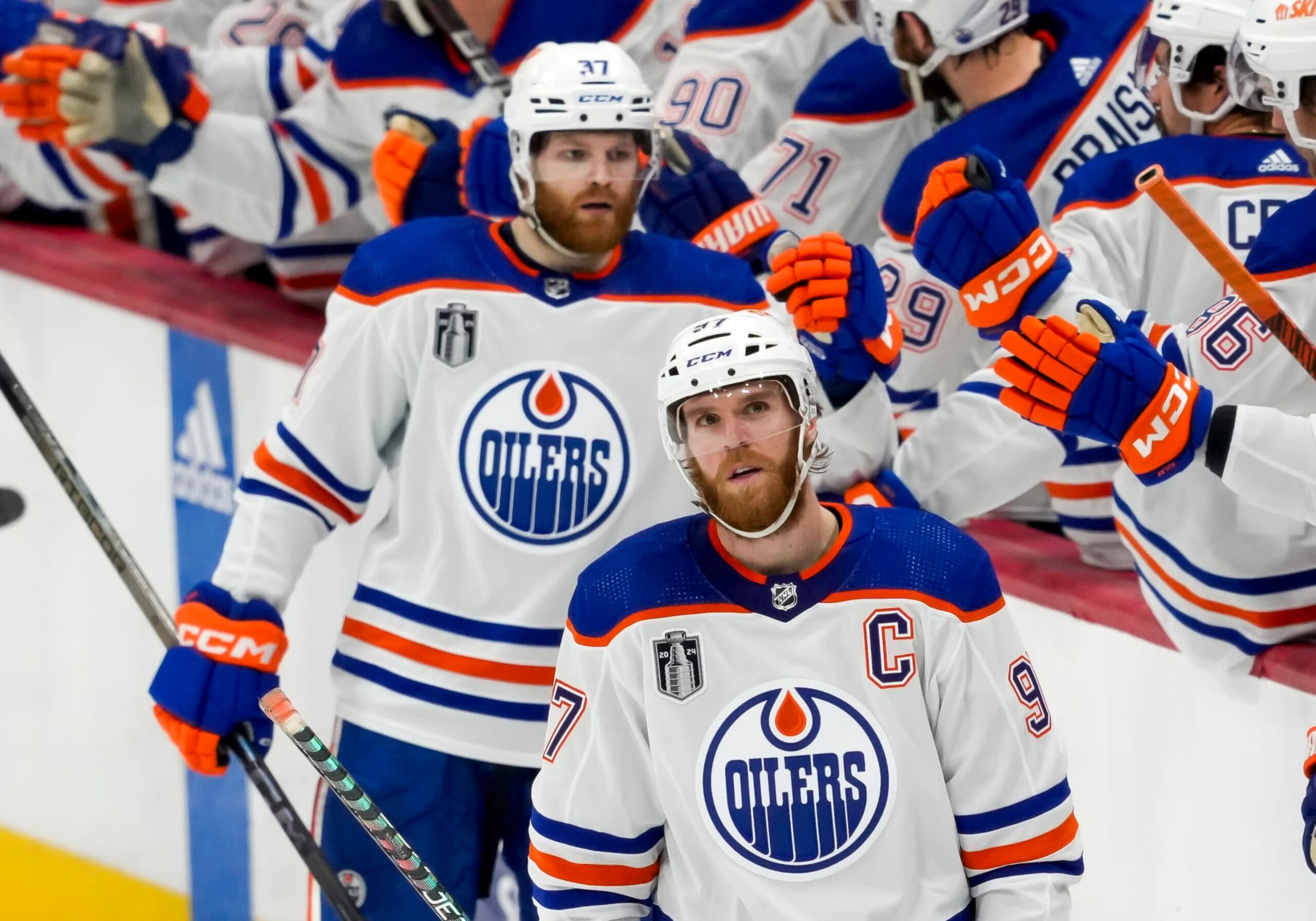 SUNRISE, FL - JUNE 18: Edmonton Oilers center Connor McDavid (97) scores the 3rd goal during the NHL Stanley Cup Finals, Game 5 between the Florida Panthers  and Edmonton Oilers on June 18th, 2024 at Amerant Bank Arena in Sunrise, FL. (Photo by Andrew Bershaw/Icon Sportswire via Getty Images)