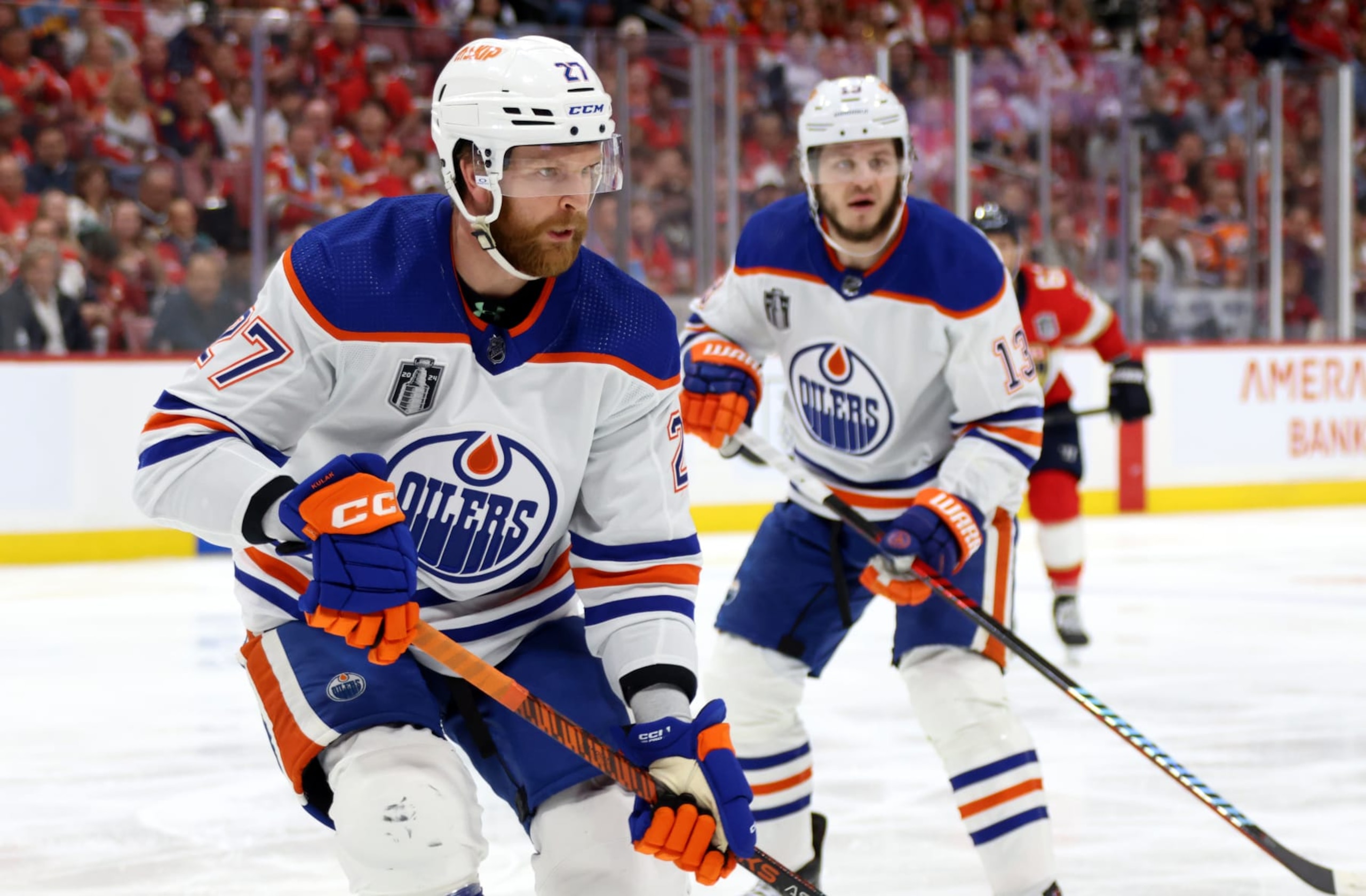 SUNRISE, FLORIDA - JUNE 18: Brett Kulak #27 of the Edmonton Oilers plays during the second period of Game Five of the 2024 Stanley Cup Final between the Edmonton Oilers and the Florida Panthers at Amerant Bank Arena on June 18, 2024 in Sunrise, Florida.  (Photo by Dave Sandford/NHLI via Getty Images)
