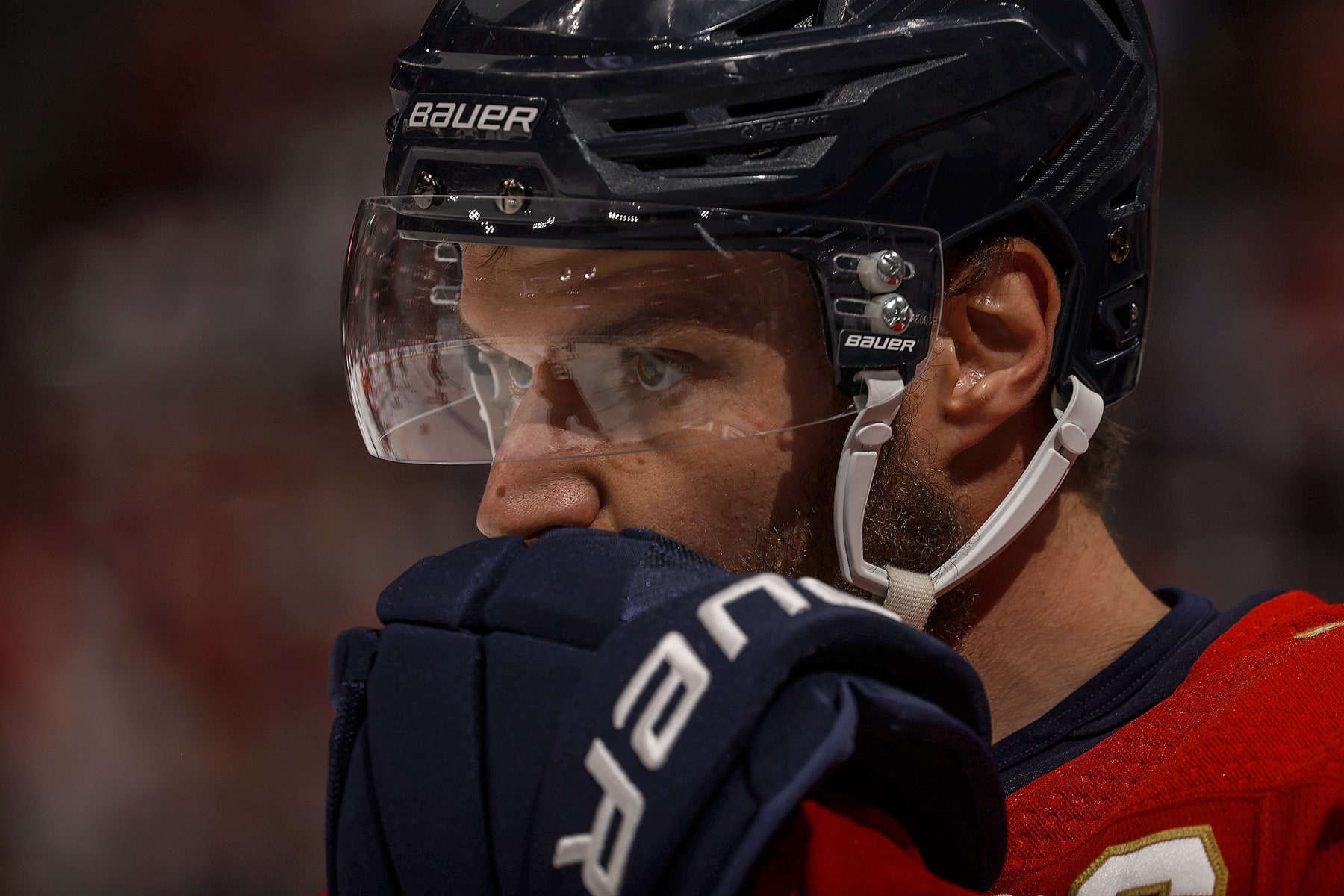 SUNRISE, FLORIDA - JUNE 18: Aleksander Barkov #16 of the Florida Panthers skates the ice during warm ups prior to their match up against the Edmonton Oilers in Game Five of the Stanley Cup Final at the Amerant Bank Arena on June 18, 2024 in Sunrise, Florida. (Photo by Eliot J. Schechter/NHLI via Getty Images)