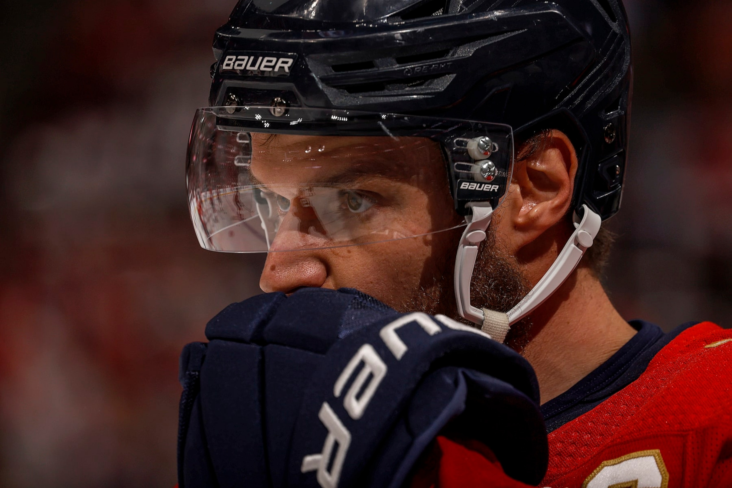 SUNRISE, FLORIDA - JUNE 18: Aleksander Barkov #16 of the Florida Panthers skates the ice during warm ups prior to their match up against the Edmonton Oilers in Game Five of the Stanley Cup Final at the Amerant Bank Arena on June 18, 2024 in Sunrise, Florida. (Photo by Eliot J. Schechter/NHLI via Getty Images)