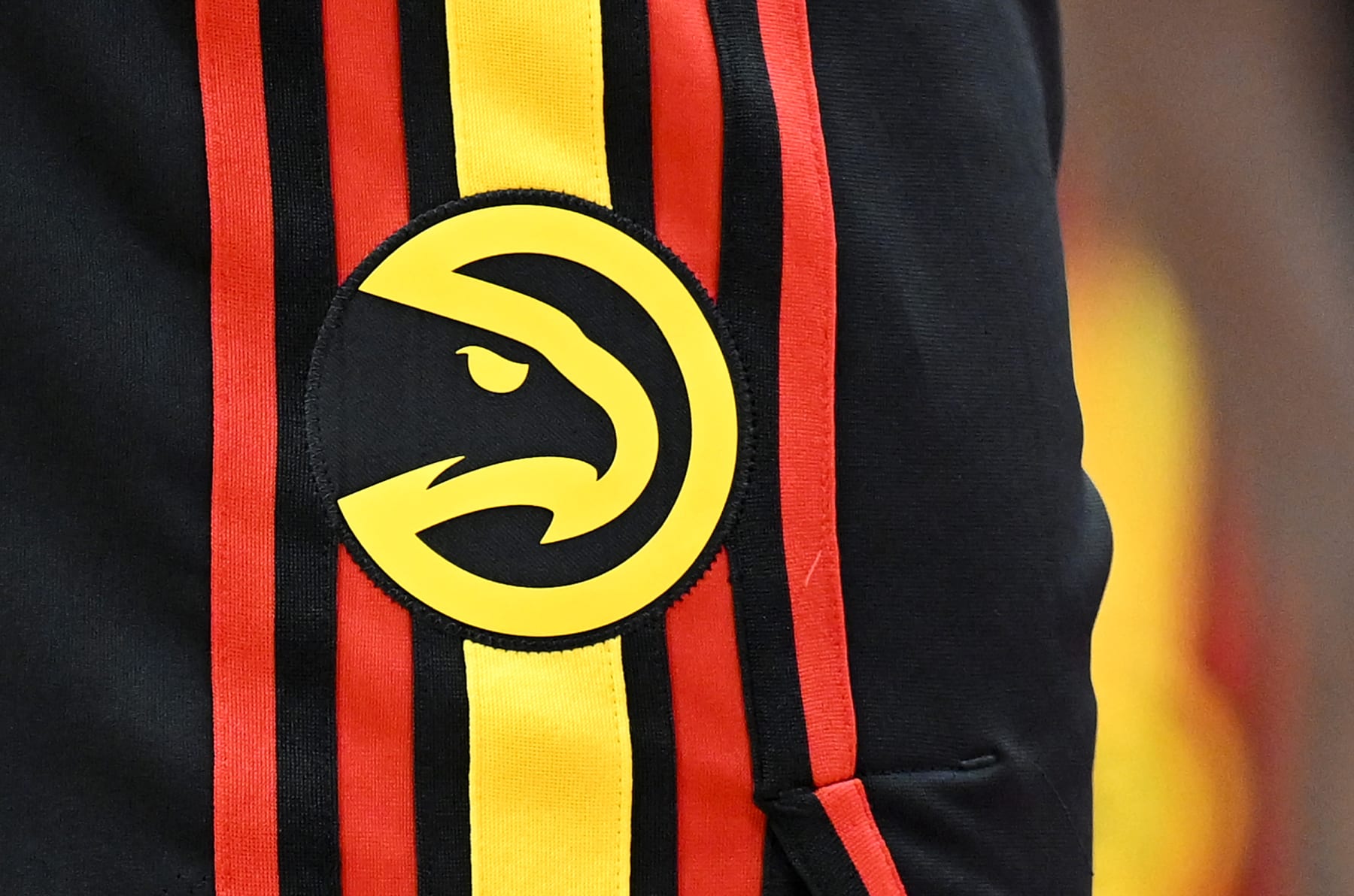 WASHINGTON, DC - MARCH 08: A view of the Atlanta Hawks logo on their uniform during the game against the Washington Wizards at Capital One Arena on March 08, 2023 in Washington, DC. NOTE TO USER: User expressly acknowledges and agrees that, by downloading and or using this photograph, User is consenting to the terms and conditions of the Getty Images License Agreement.  (Photo by G Fiume/Getty Images)