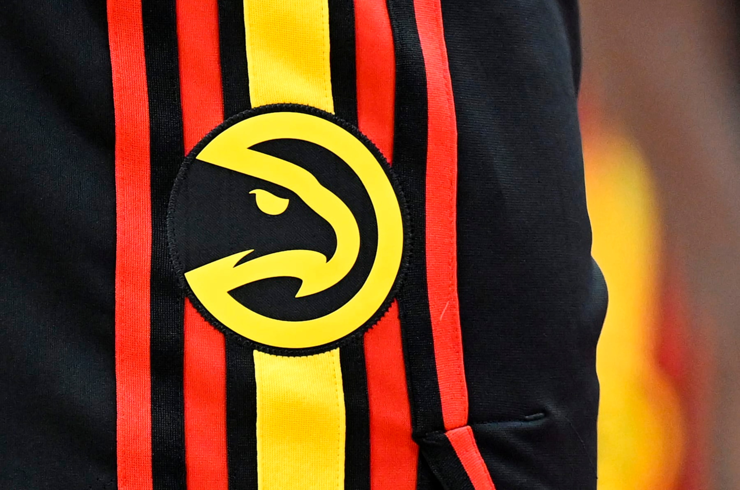WASHINGTON, DC - MARCH 08: A view of the Atlanta Hawks logo on their uniform during the game against the Washington Wizards at Capital One Arena on March 08, 2023 in Washington, DC. NOTE TO USER: User expressly acknowledges and agrees that, by downloading and or using this photograph, User is consenting to the terms and conditions of the Getty Images License Agreement.  (Photo by G Fiume/Getty Images)