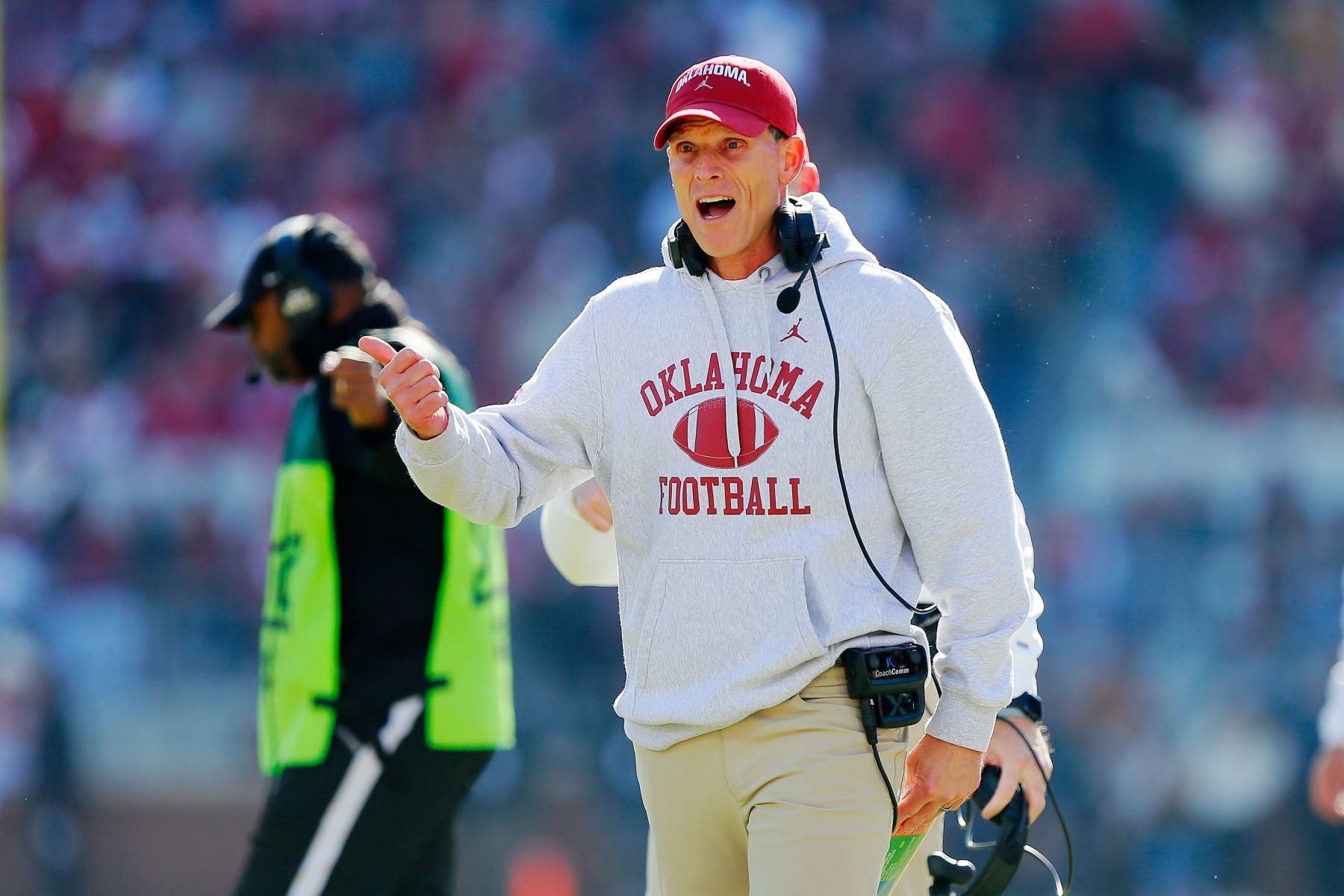 NORMAN, OKLAHOMA - NOVEMBER 24:  Head coach Brent Venables of the Oklahoma Sooners questions a referee after an unsportsmanlike penalty against the TCU Horned Frogs on a touchdown in the second quarter at Gaylord Family Oklahoma Memorial Stadium on November 24, 2023 in Norman, Oklahoma.  Oklahoma won 69-45. (Photo by Brian Bahr/Getty Images)