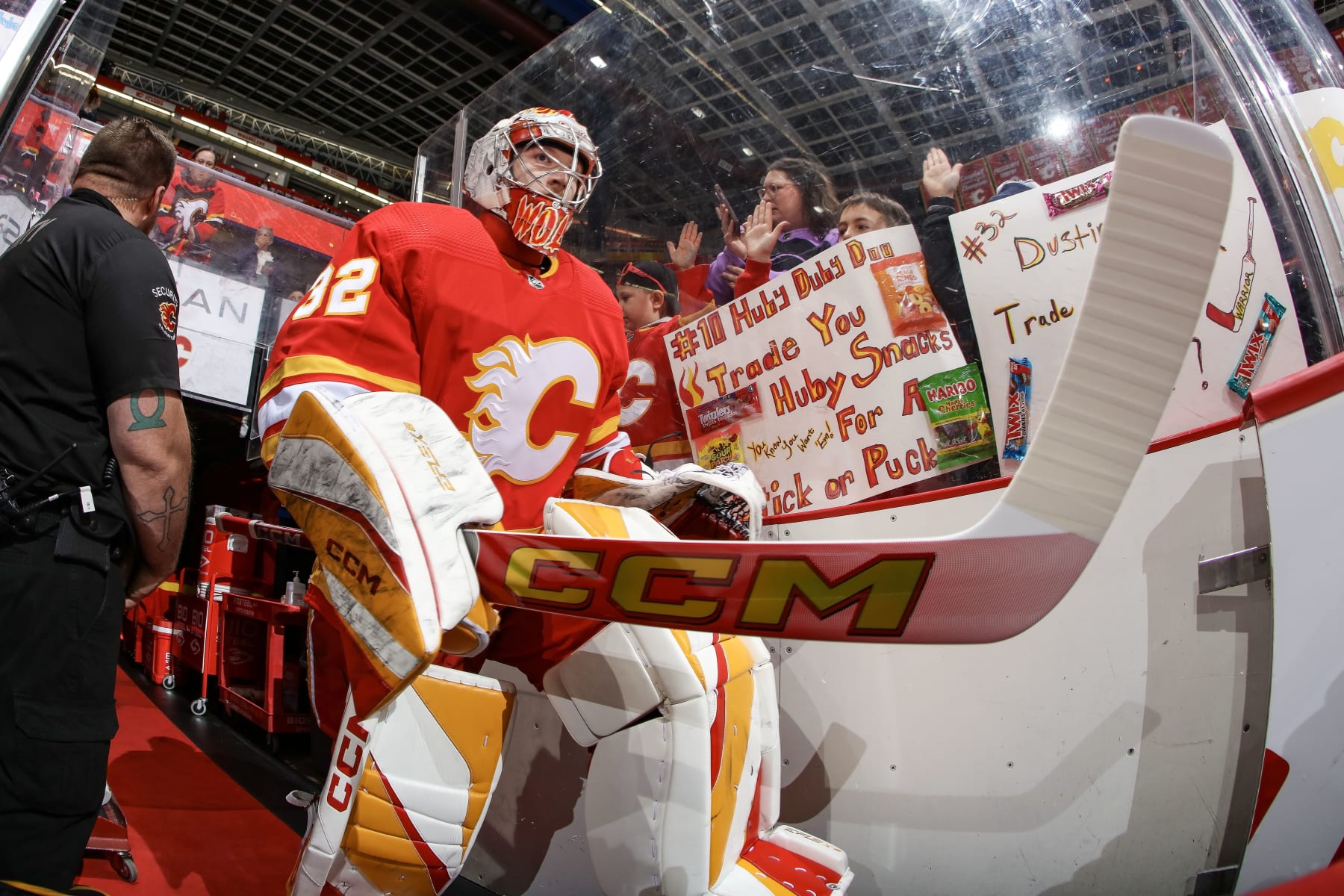 CALGARY, AB - APRIL 18: Dustin Wolf #32 of the Calgary Flames warms up against the San Jose Sharks at Scotiabank Saddledome on April 18, 2024 in Calgary, Alberta, Canada. (Photo by Gerry Thomas/NHLI via Getty Images)