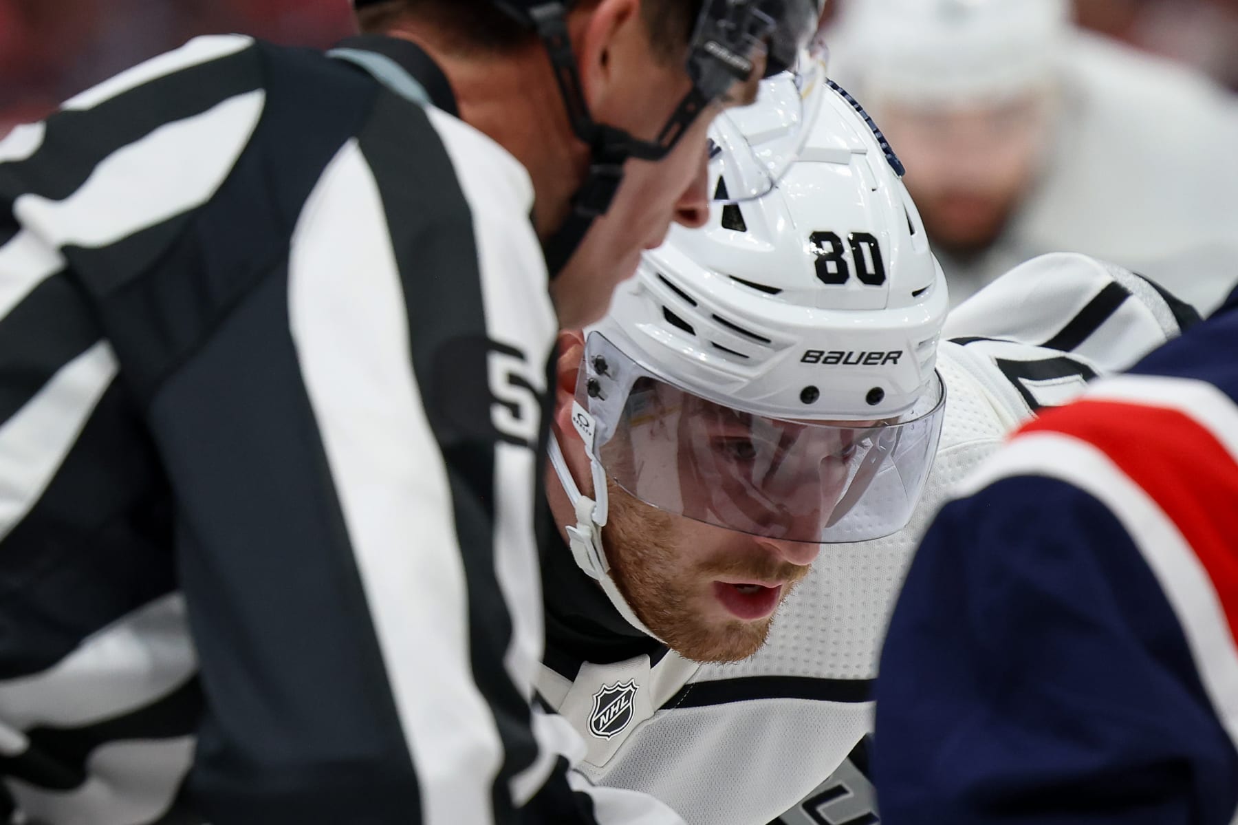 WASHINGTON, DC - JANUARY 7: Pierre-Luc Dubois #80 of the Los Angeles Kings gets set for a face-off agains the Washington Capitals during a game at Capital One Arena on January 7, 2024 in Washington, D.C. (Photo by John McCreary/NHLI via Getty Images)