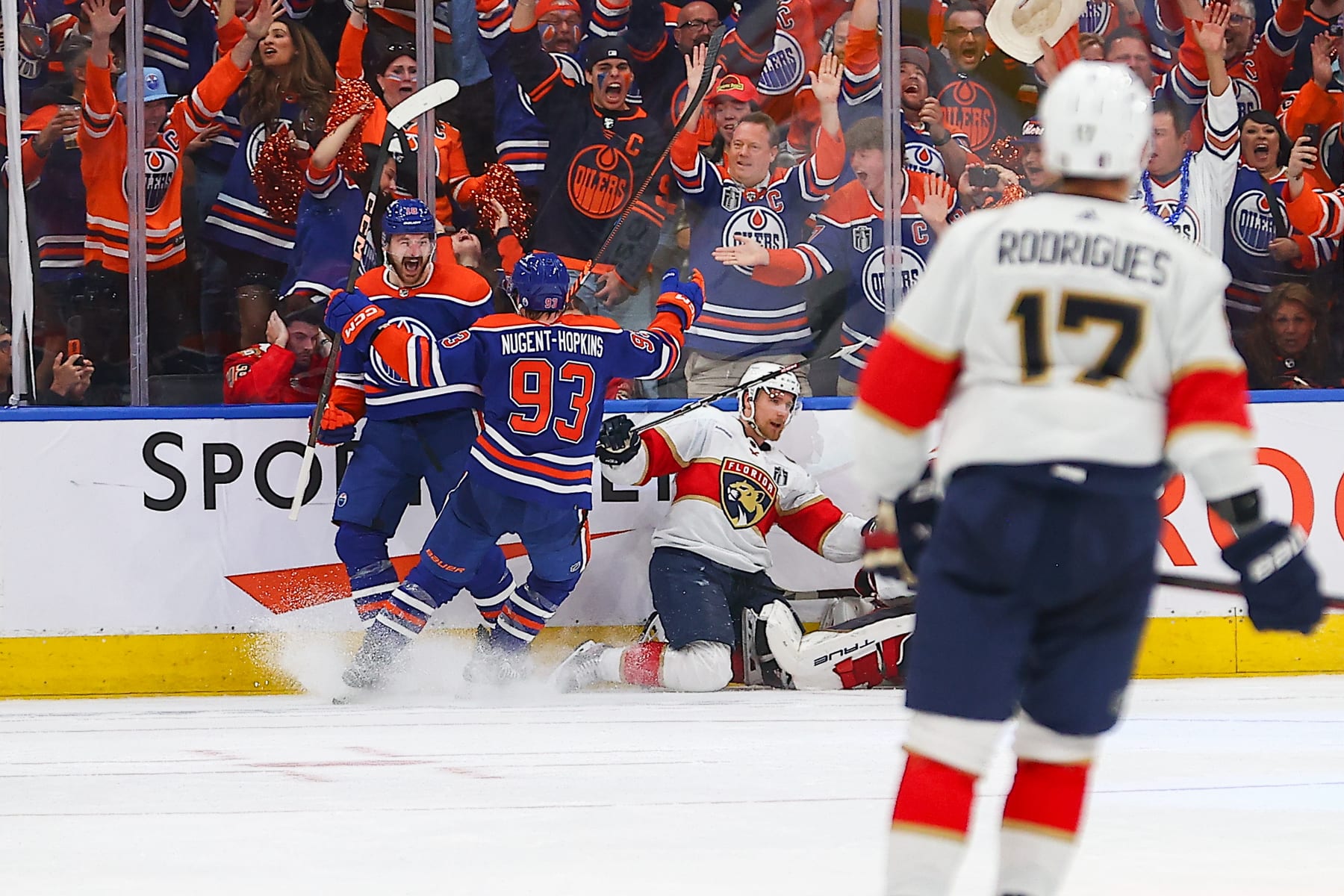 EDMONTON, AB - JUNE 21 : Edmonton Oilers Right Wing Zach Hyman (18) celebrates his goal the third of the game, on Florida Panthers Goalie Sergei Bobrovsky (72) in the second period of game four of the Stanley Cup Final Round Edmonton Oilers game versus the Florida Panthers on June 21, 2024 at Rogers Place in Edmonton, AB. (Photo by Curtis Comeau/Icon Sportswire via Getty Images)