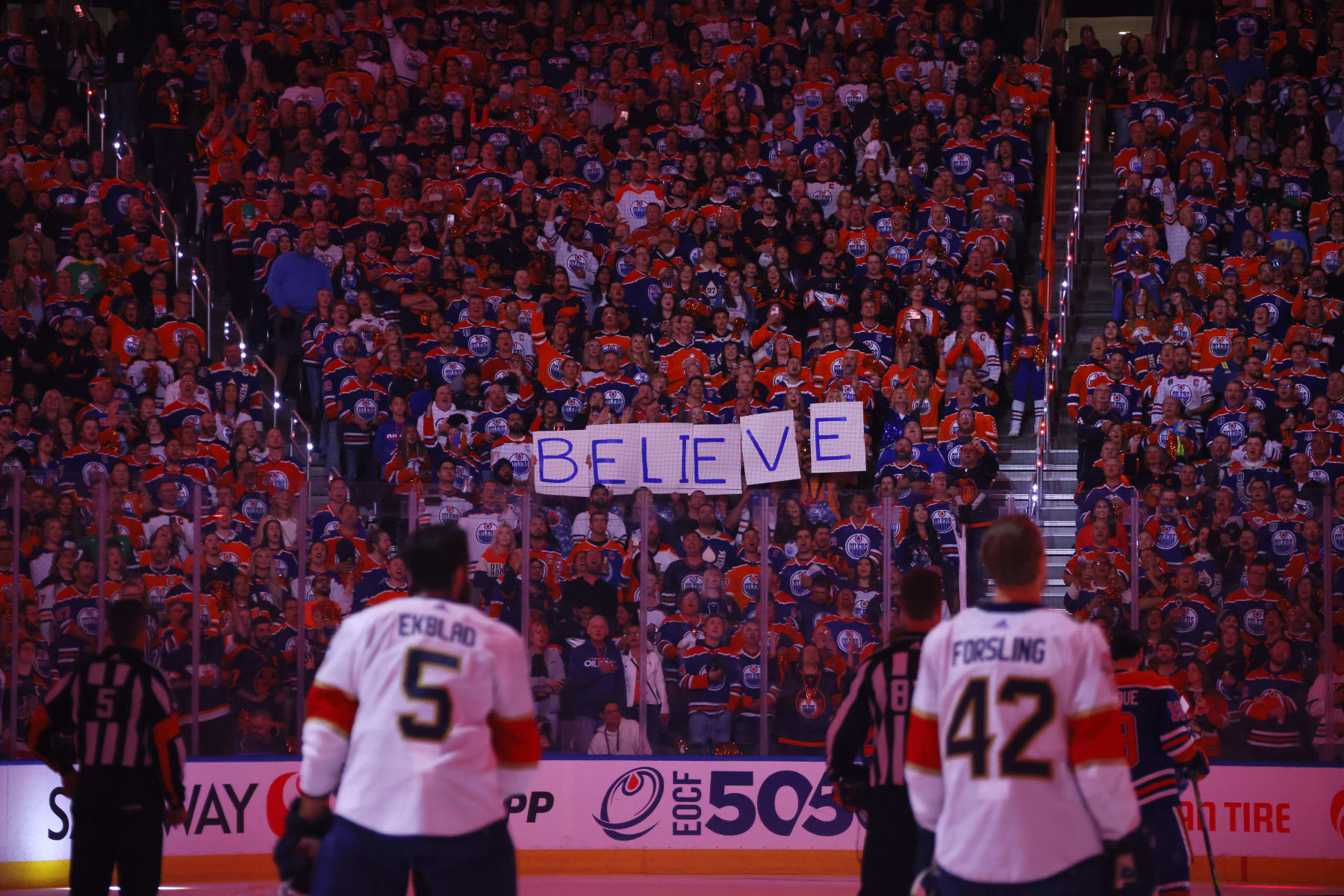 EDMONTON, ALBERTA - JUNE 21: Edmonton Oilers fans hold up a sign prior to Game Six of the 2024 Stanley Cup Final against the Florida Panthers at Rogers Place on June 21, 2024 in Edmonton, Alberta. (Photo by Bruce Bennett/Getty Images)