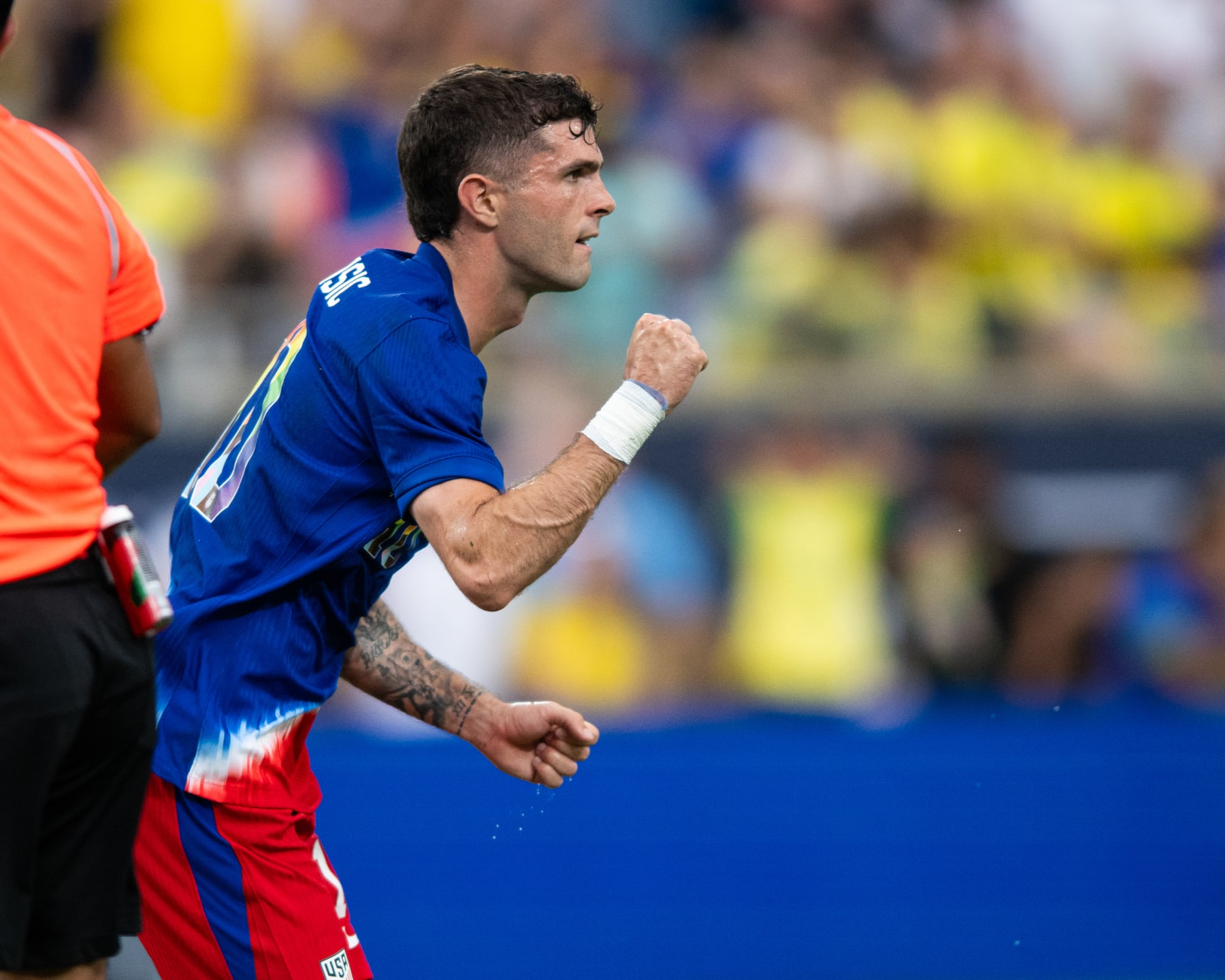 ORLANDO, FL - JUNE 12: Christian Pulisic #10 of the United States celebrates his goal during an international friendly game between Brazil and USMNT at Camping World Stadium on June 12, 2024 in Orlando, Florida. (Photo by Jeremy Reper/ISI Photos/Getty Images)