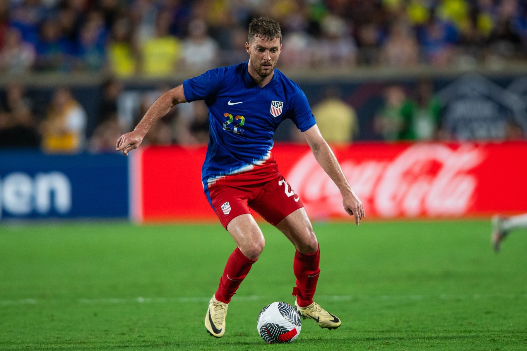 ORLANDO, FL - JUNE 12: Joe Scally #22 of the United States dribbles the ball during an an international friendly game between Brazil and USMNT at Camping World Stadium on June 12, 2024 in Orlando, Florida. (Photo by Jeremy Reper/ISI Photos/Getty Images)