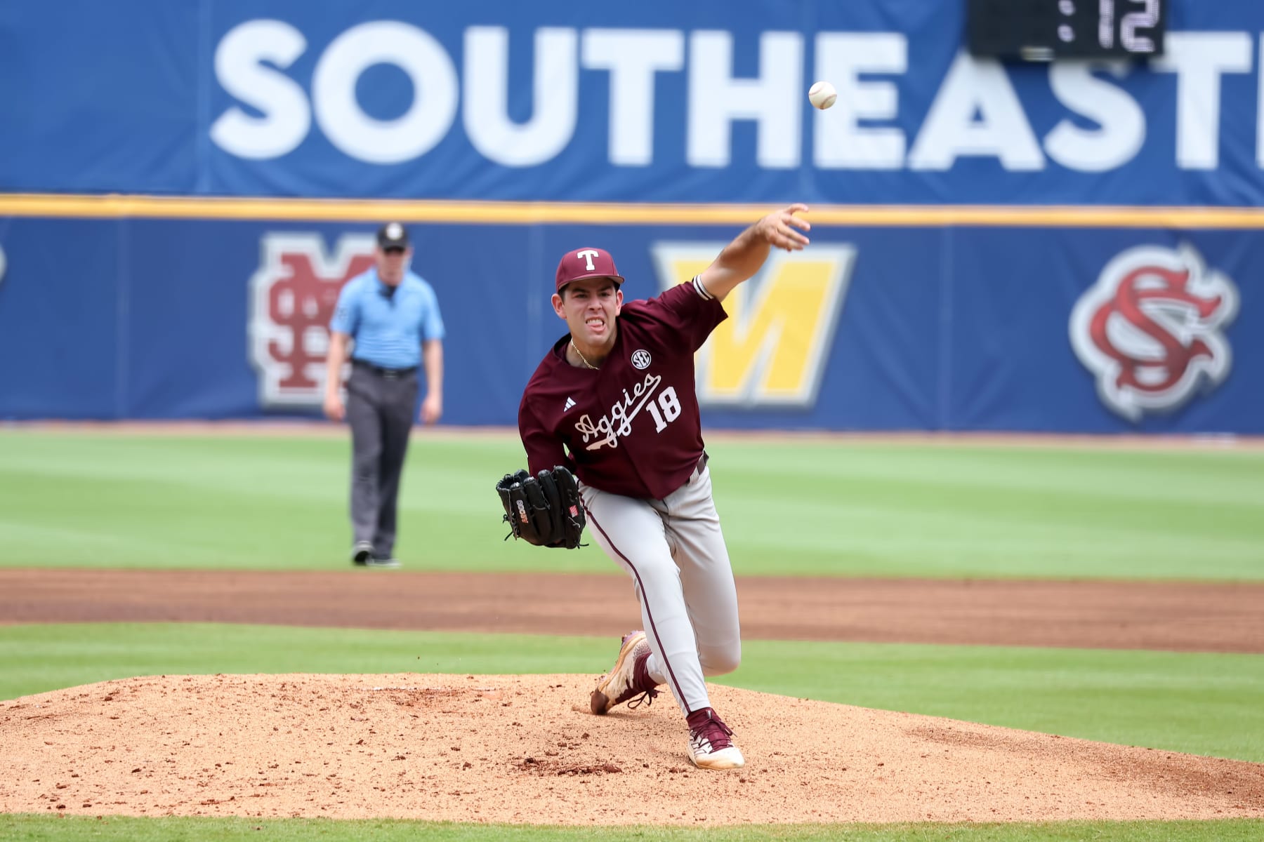 HOOVER, AL - MAY 23: Texas A&M Aggies pitcher Ryan Prager (18) during the 2024 SEC Baseball Tournament game between the Tennessee Volunteers and the Texas A&M Aggies on May 23, 2024 at the Hoover Metropolitan Stadium in Hoover, Alabama. (Photo by Michael Wade/Icon Sportswire via Getty Images)