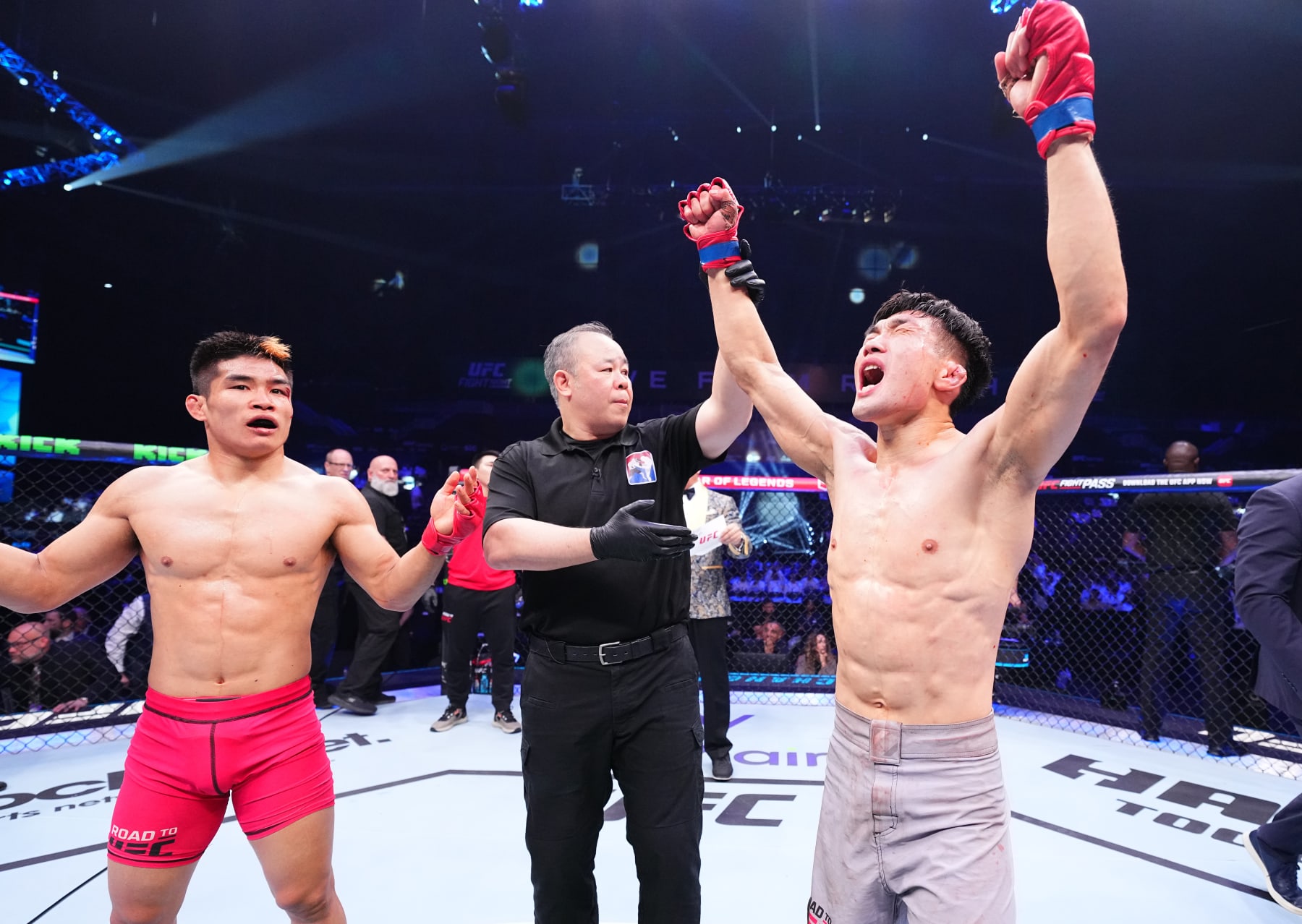 RIYADH, SAUDI ARABIA - JUNE 22: ChangHo Lee of South Korea reacts after his victory against Xiao Long of China in a bantamweight fight during the UFC Fight Night event at Kingdom Arena on June 22, 2024 in Riyadh, Saudi Arabia. (Photo by Chris Unger/Zuffa LLC via Getty Images)