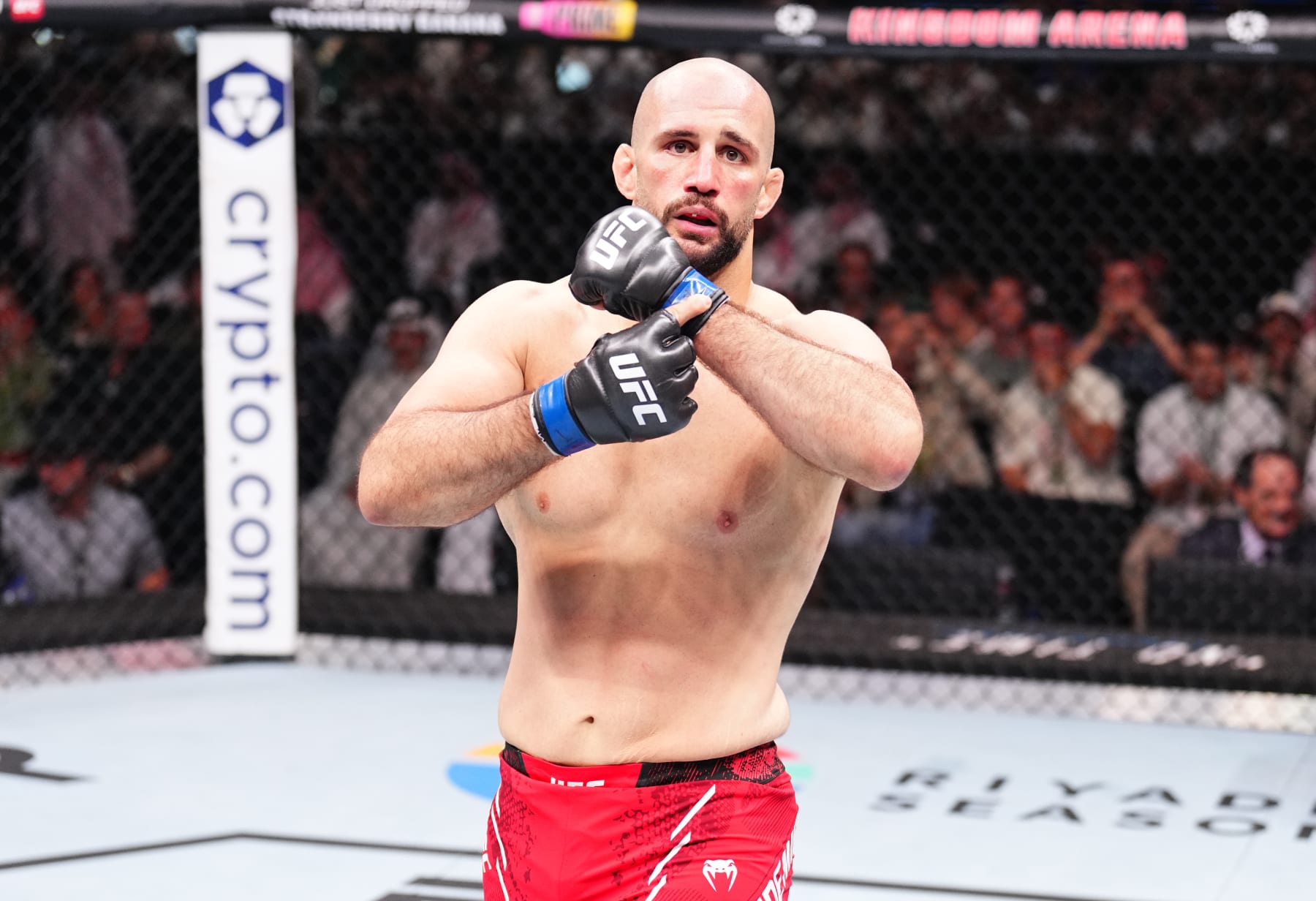 RIYADH, SAUDI ARABIA - JUNE 22: Volkan Oezdemir of Switzerland reacts after his knockout victory against Johnny Walker of Brazil in a light heavyweight fight during the UFC Fight Night event at Kingdom Arena on June 22, 2024 in Riyadh, Saudi Arabia. (Photo by Chris Unger/Zuffa LLC via Getty Images)