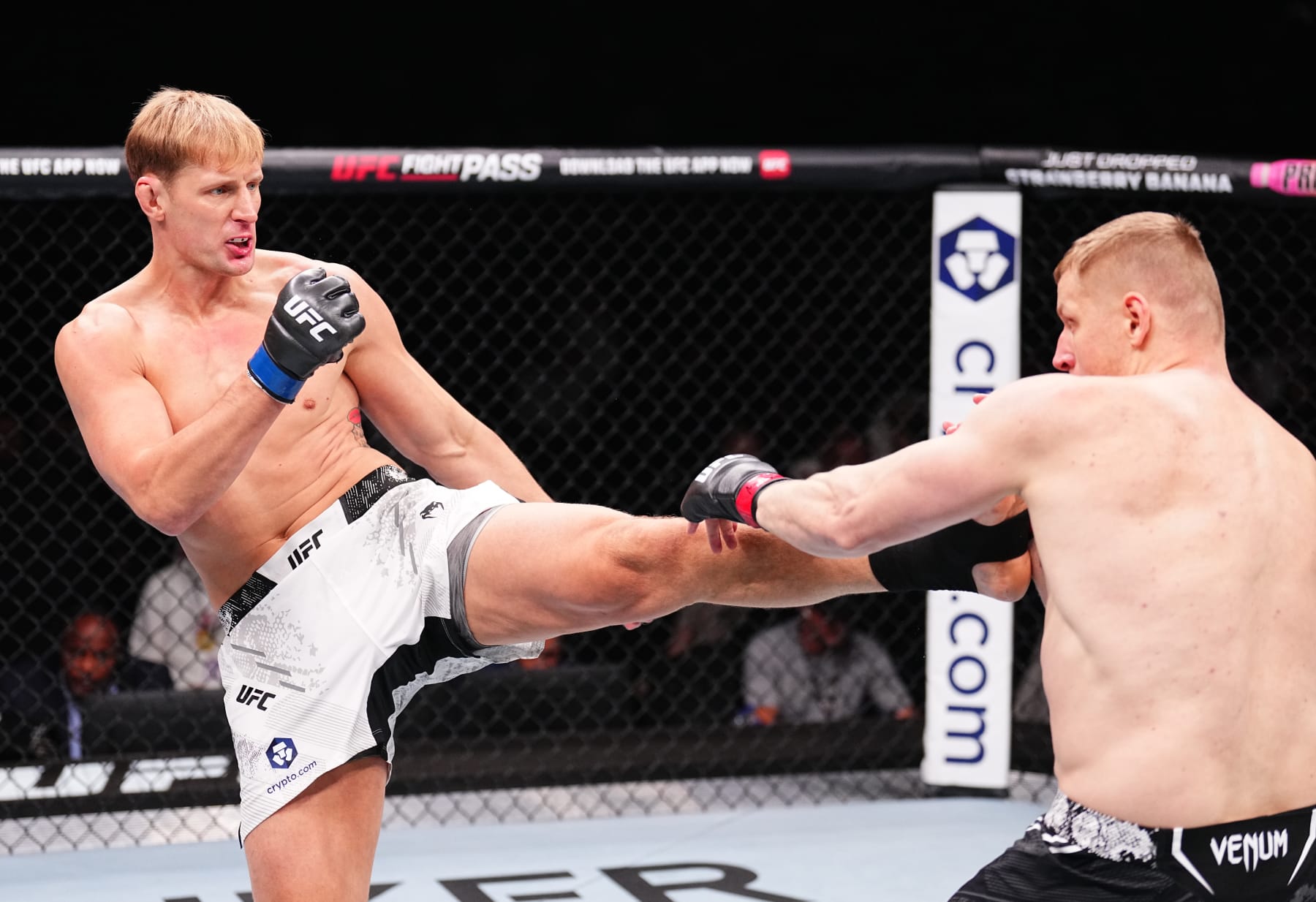 RIYADH, SAUDI ARABIA - JUNE 22: (L-R) Alexander Volkov of Russia kicks Sergei Pavlovich of Russia in a heavyweight fight during the UFC Fight Night event at Kingdom Arena on June 22, 2024 in Riyadh, Saudi Arabia. (Photo by Chris Unger/Zuffa LLC via Getty Images)