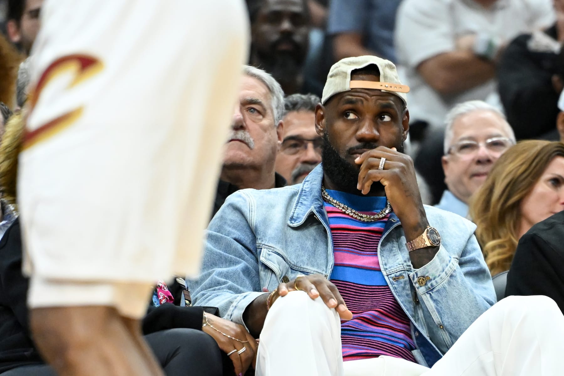 CLEVELAND, OHIO - MAY 13: LeBron James looks on during the first half of Game Four of the Eastern Conference Second Round Playoffs between the Boston Celtics and the Cleveland Cavaliers at Rocket Mortgage Fieldhouse on May 13, 2024 in Cleveland, Ohio. NOTE TO USER: User expressly acknowledges and agrees that, by downloading and or using this photograph, User is consenting to the terms and conditions of the Getty Images License Agreement. (Photo by Nick Cammett/Getty Images)