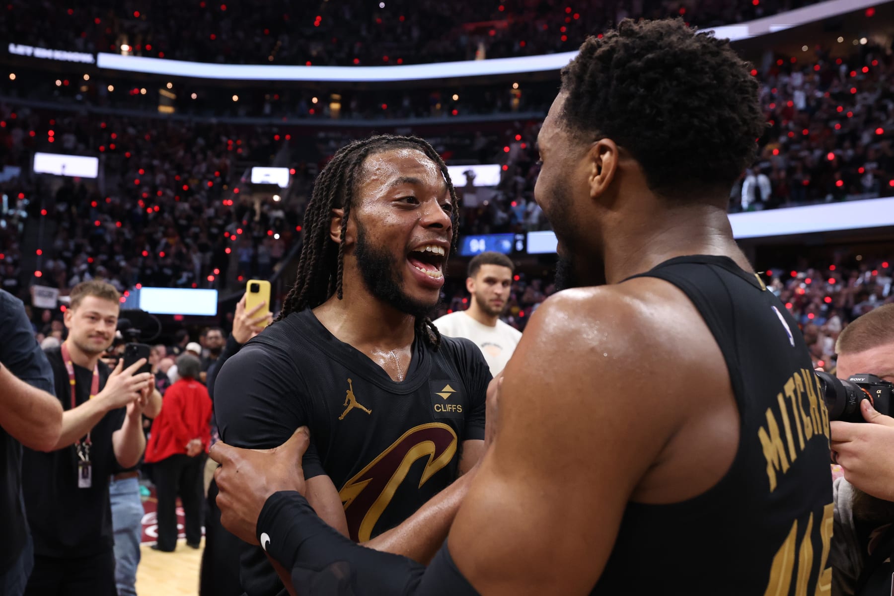CLEVELAND, OH - MAY 5: Darius Garland #10 and Donovan Mitchell #45 of the Cleveland Cavaliers celebrate after the game against the Orlando Magic during Round 1 Game 7 of the 2024 NBA Playoffs on May 5, 2024 at Rocket Mortgage FieldHouse in Cleveland, Ohio. NOTE TO USER: User expressly acknowledges and agrees that, by downloading and/or using this Photograph, user is consenting to the terms and conditions of the Getty Images License Agreement. Mandatory Copyright Notice: Copyright 2024 NBAE (Photo by Lauren Leigh Bacho/NBAE via Getty Images)