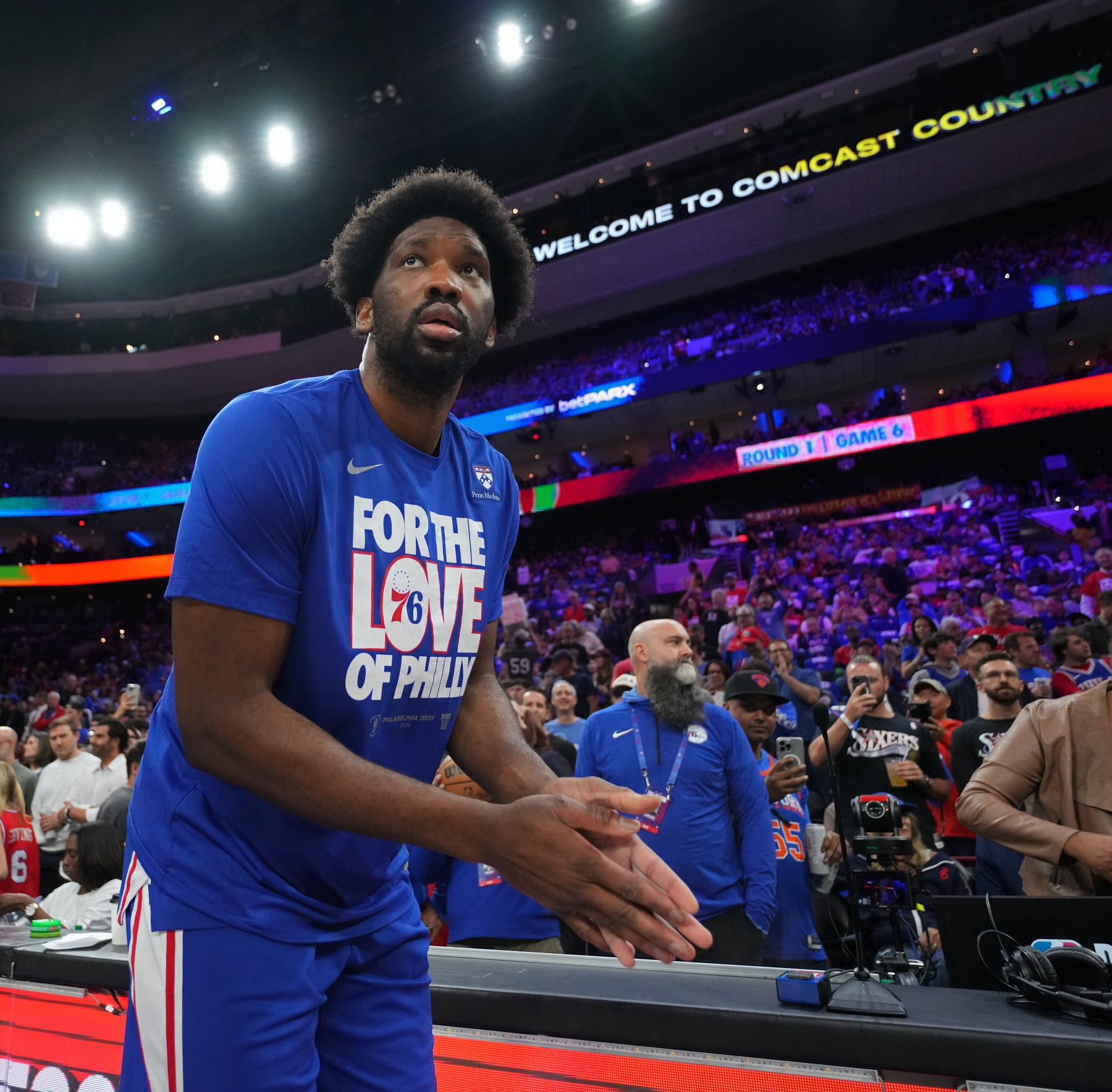 PHILADELPHIA, PA - MAY 2: Joel Embiid #21 of the Philadelphia 76ers looks on before the game against the New York Knicks during Round 1 Game 6 of the 2024 NBA Playoffs on May 2, 2024 at the Wells Fargo Center in Philadelphia, Pennsylvania NOTE TO USER: User expressly acknowledges and agrees that, by downloading and/or using this Photograph, user is consenting to the terms and conditions of the Getty Images License Agreement. Mandatory Copyright Notice: Copyright 2024 NBAE (Photo by Jesse D. Garrabrant/NBAE via Getty Images)