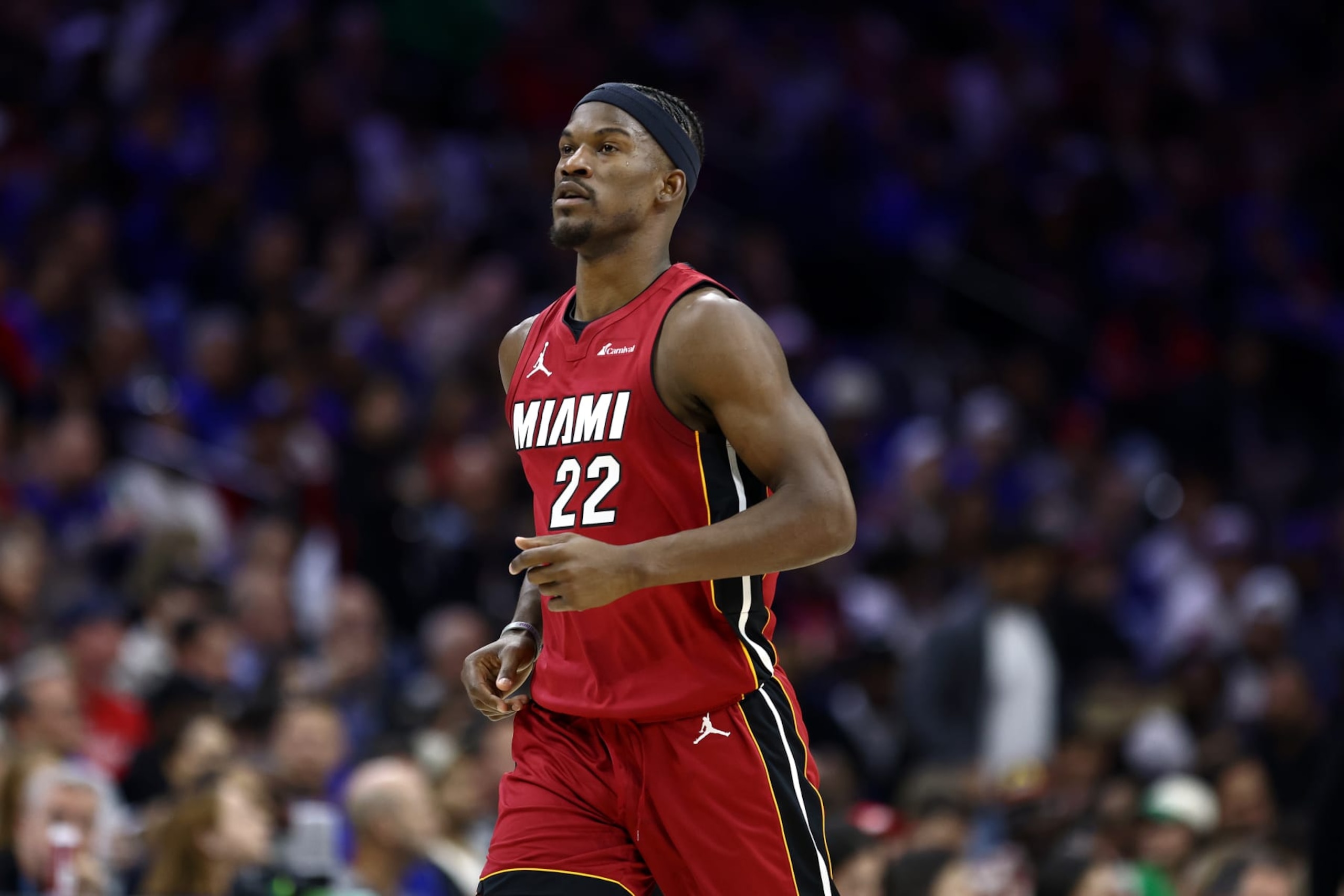 PHILADELPHIA, PENNSYLVANIA - APRIL 17: Jimmy Butler #22 of the Miami Heat looks on during the first quarter against the Philadelphia 76ers during the Eastern Conference Play-In Tournament at the Wells Fargo Center on April 17, 2024 in Philadelphia, Pennsylvania. NOTE TO USER: User expressly acknowledges and agrees that, by downloading and or using this photograph, User is consenting to the terms and conditions of the Getty Images License Agreement. (Photo by Tim Nwachukwu/Getty Images) PHILADELPHIA, PENNSYLVANIA - APRIL 17: Jimmy Butler #22 of the Miami Heat looks on during the first quarter against the Philadelphia 76ers during the Eastern Conference Play-In Tournament at the Wells Fargo Center on April 17, 2024 in Philadelphia, Pennsylvania. NOTE TO USER: User expressly acknowledges and agrees that, by downloading and or using this photograph, User is consenting to the terms and conditions of the Getty Images License Agreement. (Photo by Tim Nwachukwu/Getty Images)