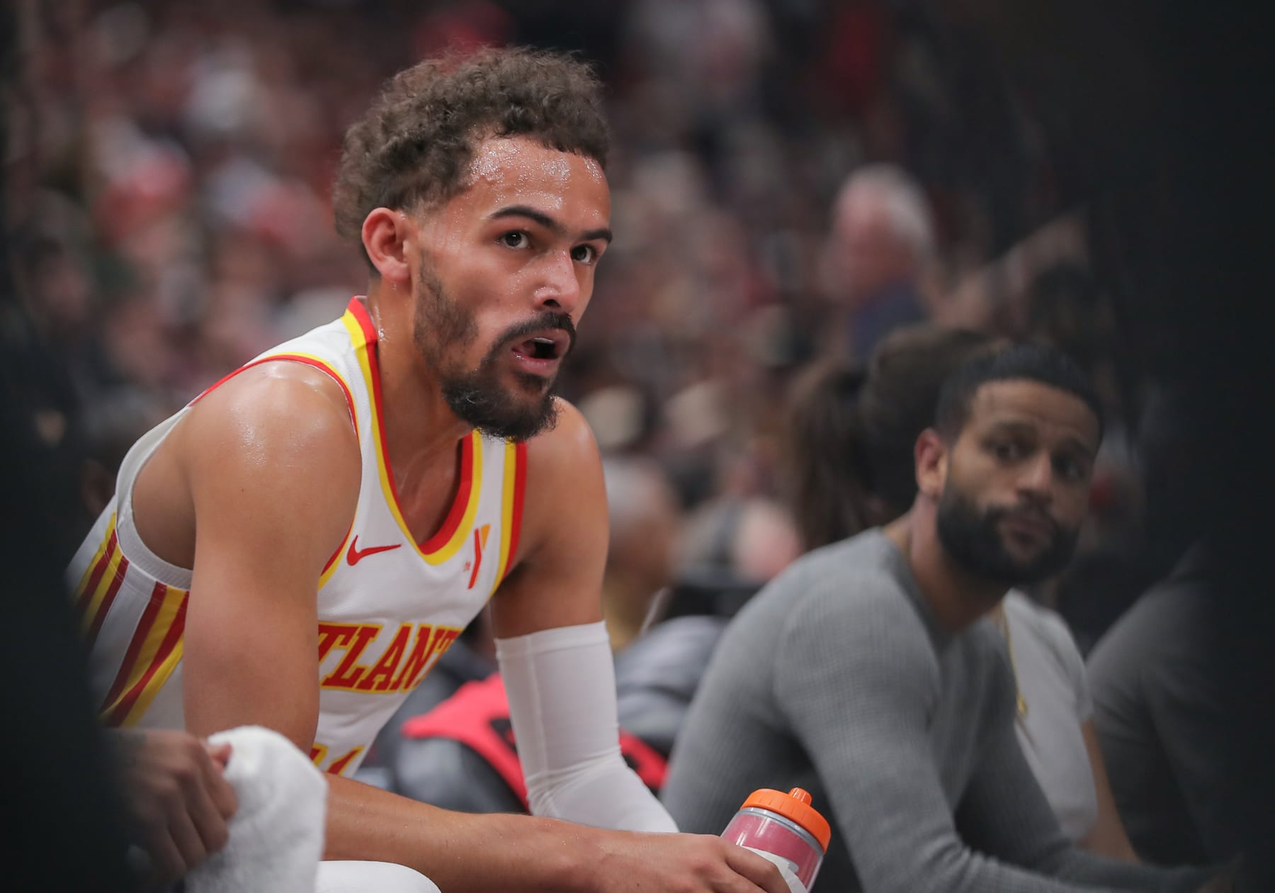 CHICAGO, IL - APRIL 17: Trae Young #11 of the Atlanta Hawks looks on form the bench during first half of the 2024 Play-In Tournament against the Chicago Bulls at the United Center on April 17, 2024  in Chicago, Illinois. (Photo by Melissa Tamez/Icon Sportswire via Getty Images)