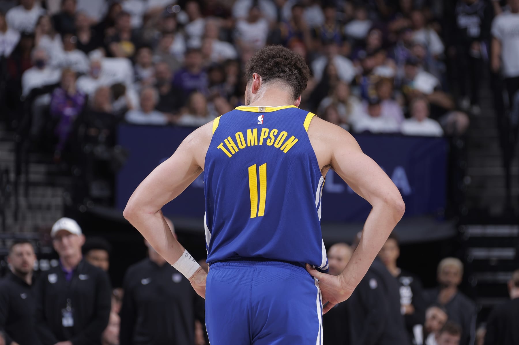 SACRAMENTO, CA - APRIL 16: Klay Thompson #11 of the Golden State Warriors looks on during the game against the Sacramento Kings during the 2024 Play-In Tournament on April 16, 2024 at Golden 1 Center in Sacramento, California. NOTE TO USER: User expressly acknowledges and agrees that, by downloading and or using this photograph, User is consenting to the terms and conditions of the Getty Images Agreement. Mandatory Copyright Notice: Copyright 2024 NBAE (Photo by Rocky Widner/NBAE via Getty Images)