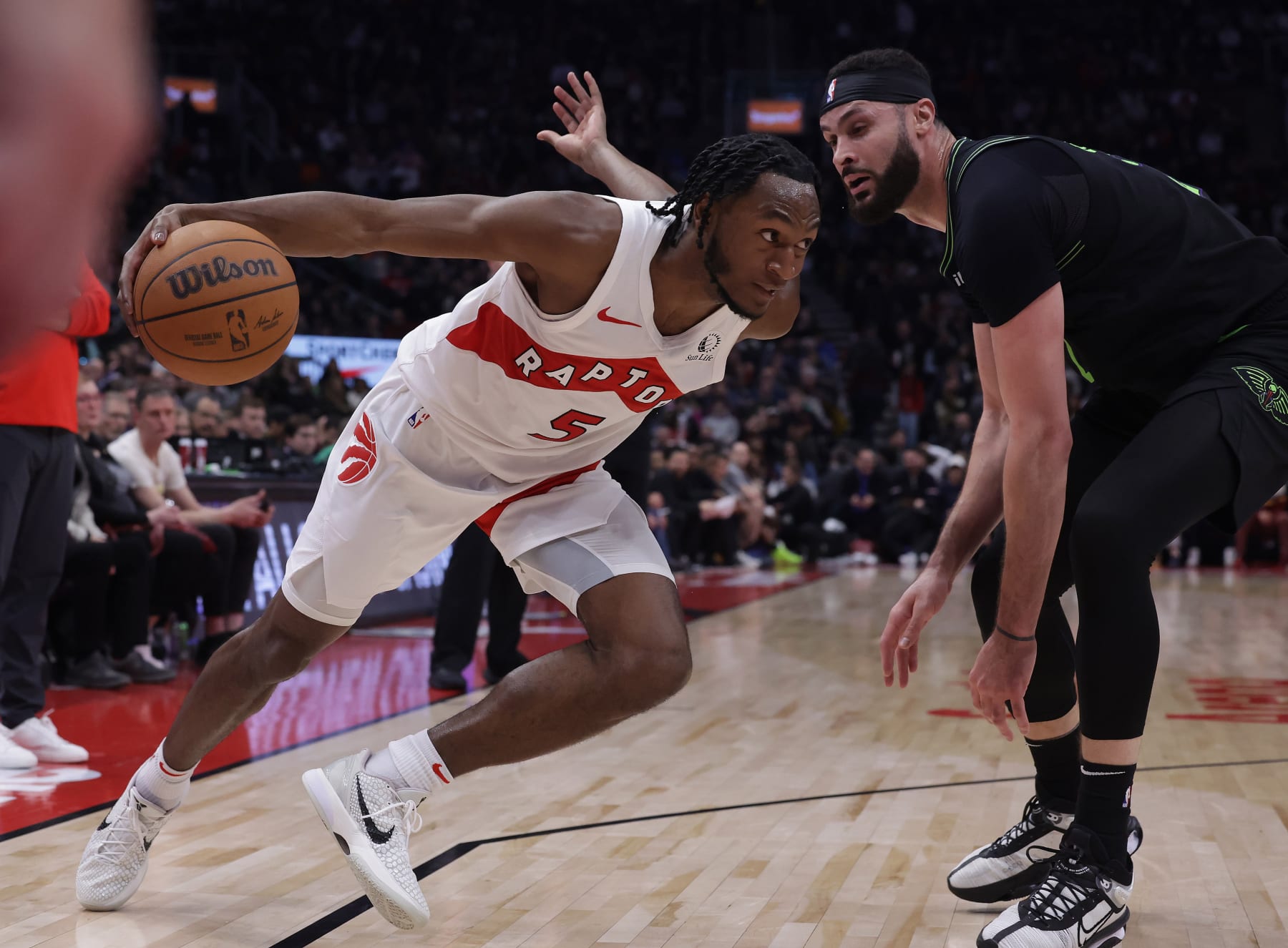 TORONTO, ON- MARCH 5  -  Toronto Raptors guard Immanuel Quickley (5) launches past a defender as the Toronto Raptors fall to the New Orleans Pelicans 139-98 at Scotiabank Arena in Toronto. March 5, 2024.  Steve Russell/Toronto Star        (Steve Russell/Toronto Star via Getty Images)