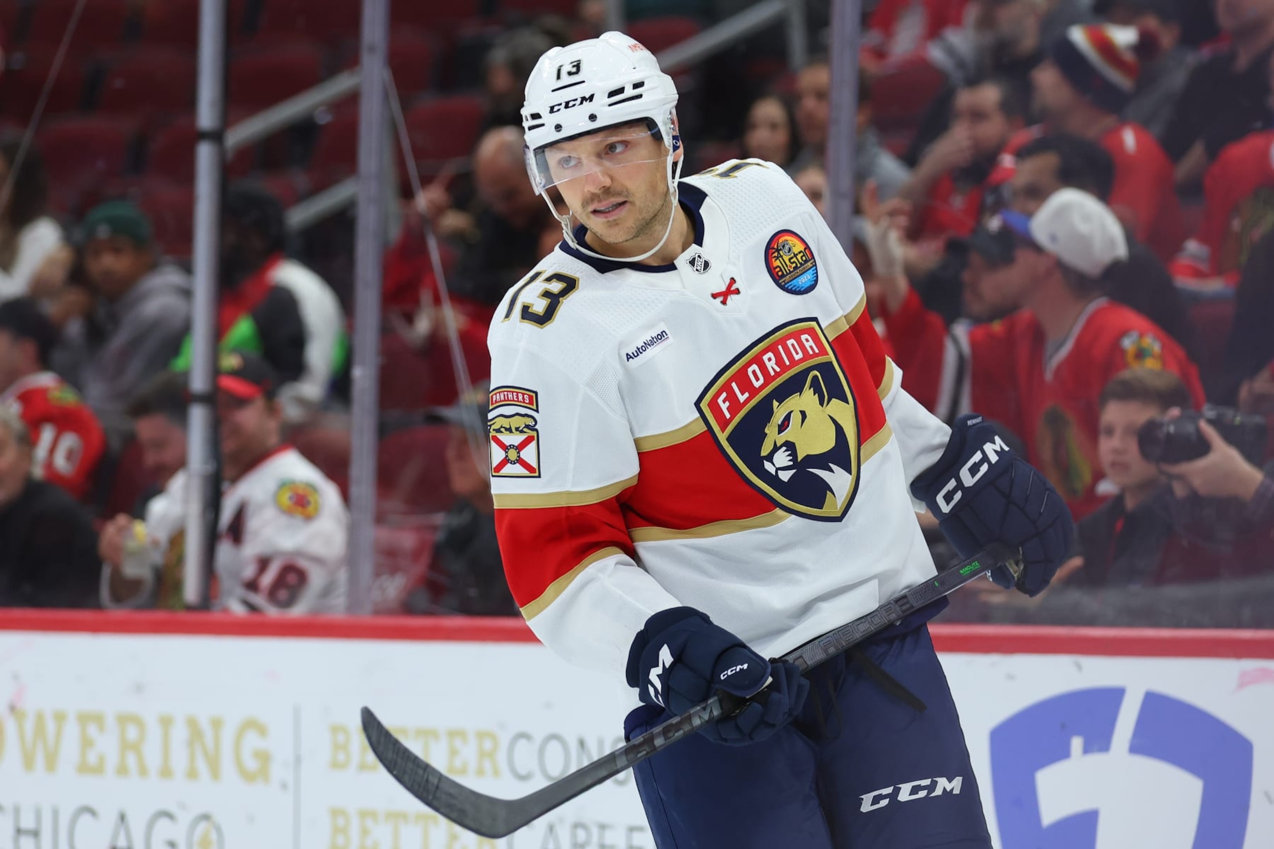 CHICAGO, ILLINOIS - OCTOBER 25: Sam Reinhart #13 of the Florida Panthers looks on against the Chicago Blackhawks during the first period at United Center on October 25, 2022 in Chicago, Illinois. (Photo by Michael Reaves/Getty Images)
