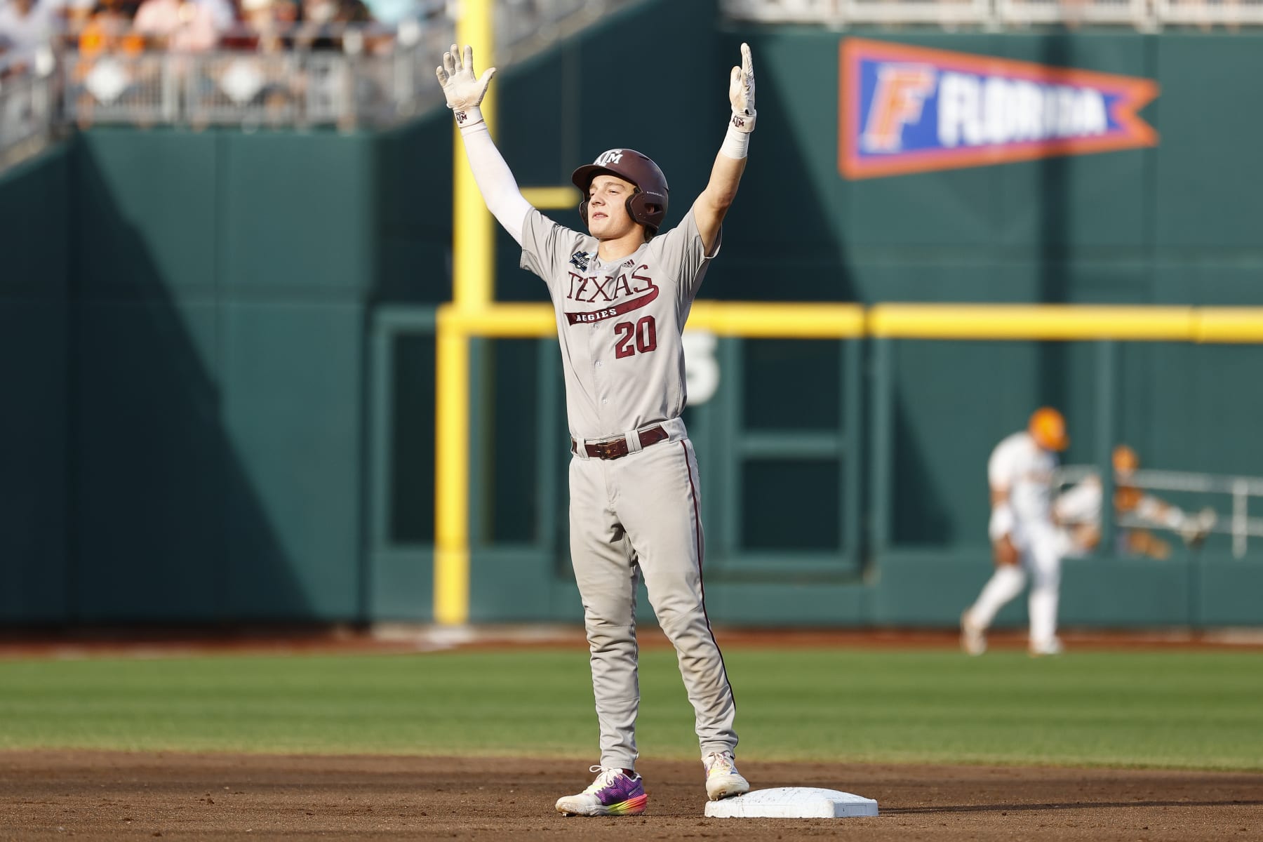 OMAHA, NEBRASKA - JUNE 22: Jackson Appel #20 of the Texas A&M Aggies celebrates a double against the Tennessee Volunteers during the Division I Men's Baseball Championship held at Charles Schwab Field on June 22, 2024 in Omaha, Nebraska. (Photo by C. Morgan Engel/NCAA Photos via Getty Images)