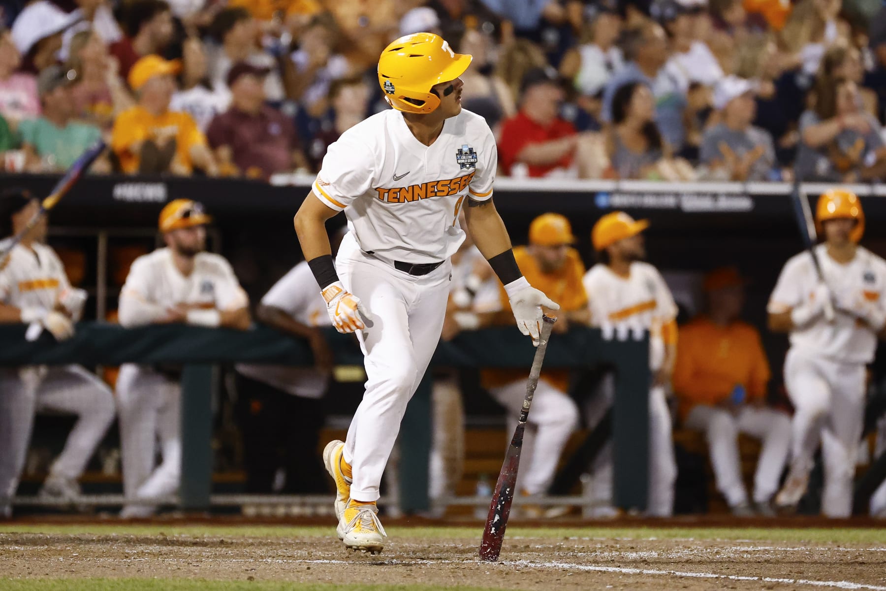 OMAHA, NEBRASKA - JUNE 22: Hunter Ensley #9 of the Tennessee Volunteers hits a home run against the Texas A&M Aggies during the Division I Men's Baseball Championship held at Charles Schwab Field on June 22, 2024 in Omaha, Nebraska. (Photo by C. Morgan Engel/NCAA Photos via Getty Images)