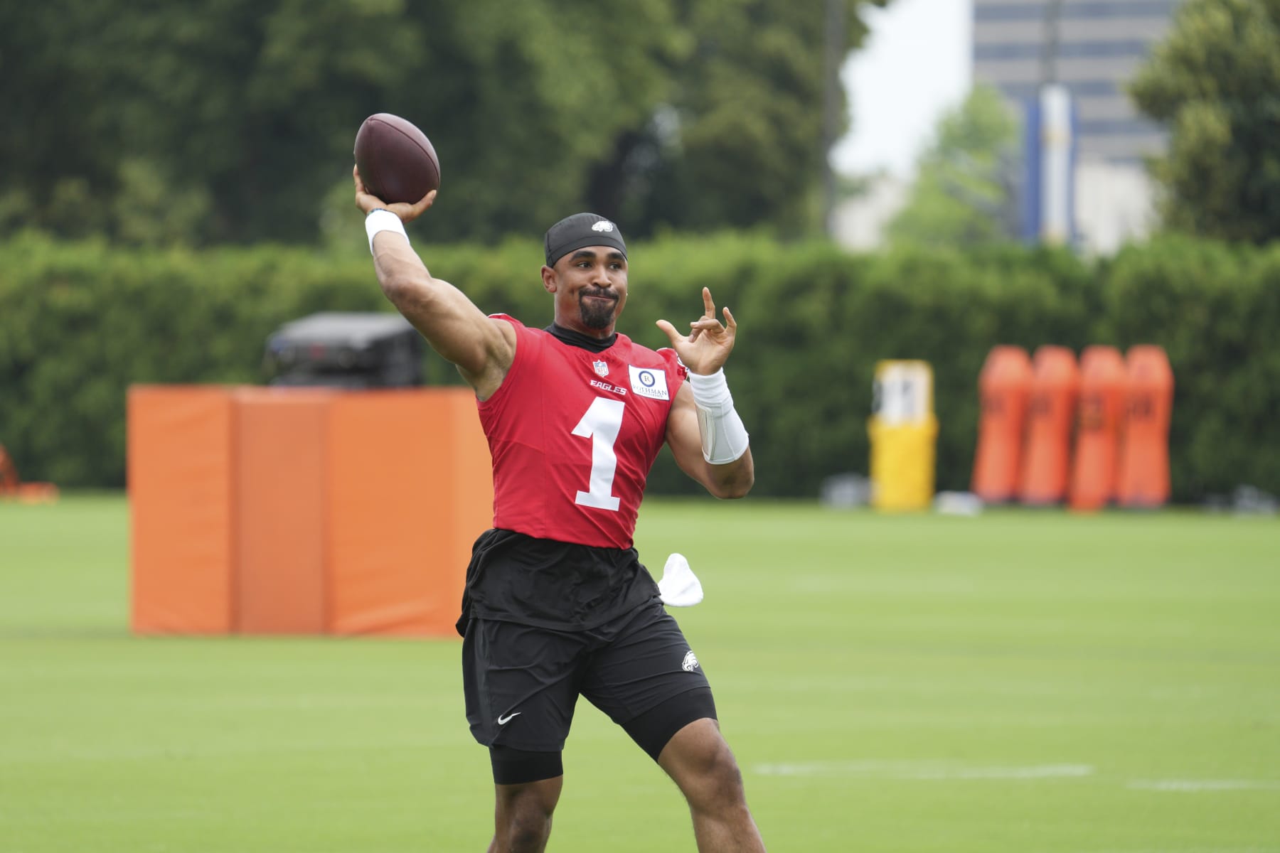 Philadelphia , PA - JUNE 06: Philadelphia Eagles quarterback Jalen Hurts (1) participates in Eagles mini camp on June 6, 2024 at the NovaCare Complex in Philadelphia. PA, (Photo by Andy Lewis/Icon Sportswire via Getty Images)