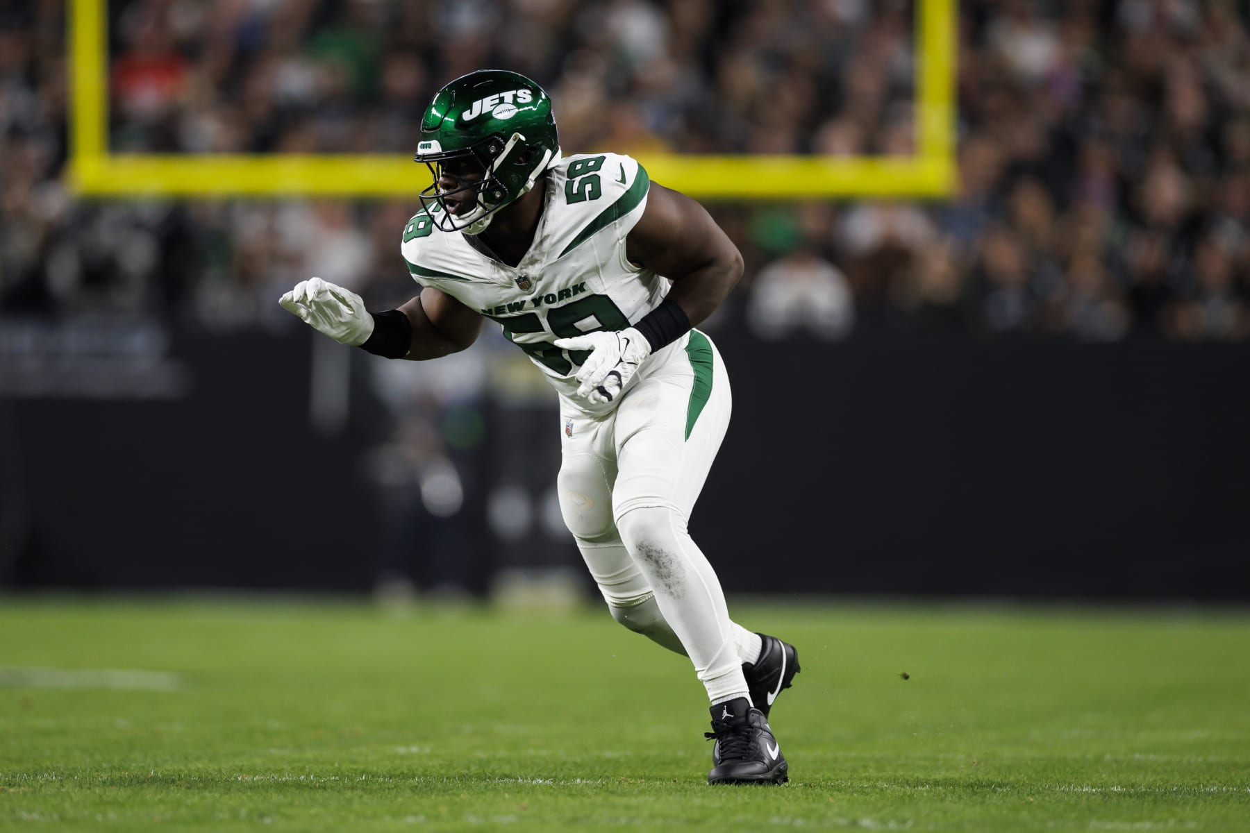 LAS VEGAS, NEVADA - NOVEMBER 12: Carl Lawson #58 of the New York Jets runs around the edge during an NFL football game against the Las Vegas Raiders at Allegiant Stadium on November 12, 2023 in Las Vegas, Nevada. (Photo by Ryan Kang/Getty Images)